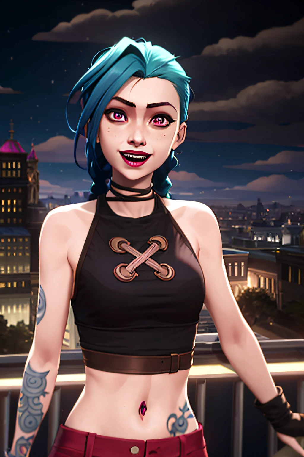 arcane style,

1girl, arm tattoo, asymmetrical bangs, bangs, blue hair, braid, brown shirt, cloud tattoo, looking at viewer, laughing, crazy, uncontrollable laugh, mad look, night, city, green hair, long hair, midriff, pink eyes, red lips, shirt, solo, standing, tattoo, twin braids, upper body, arcane jinx, jinx \(league of legends\)