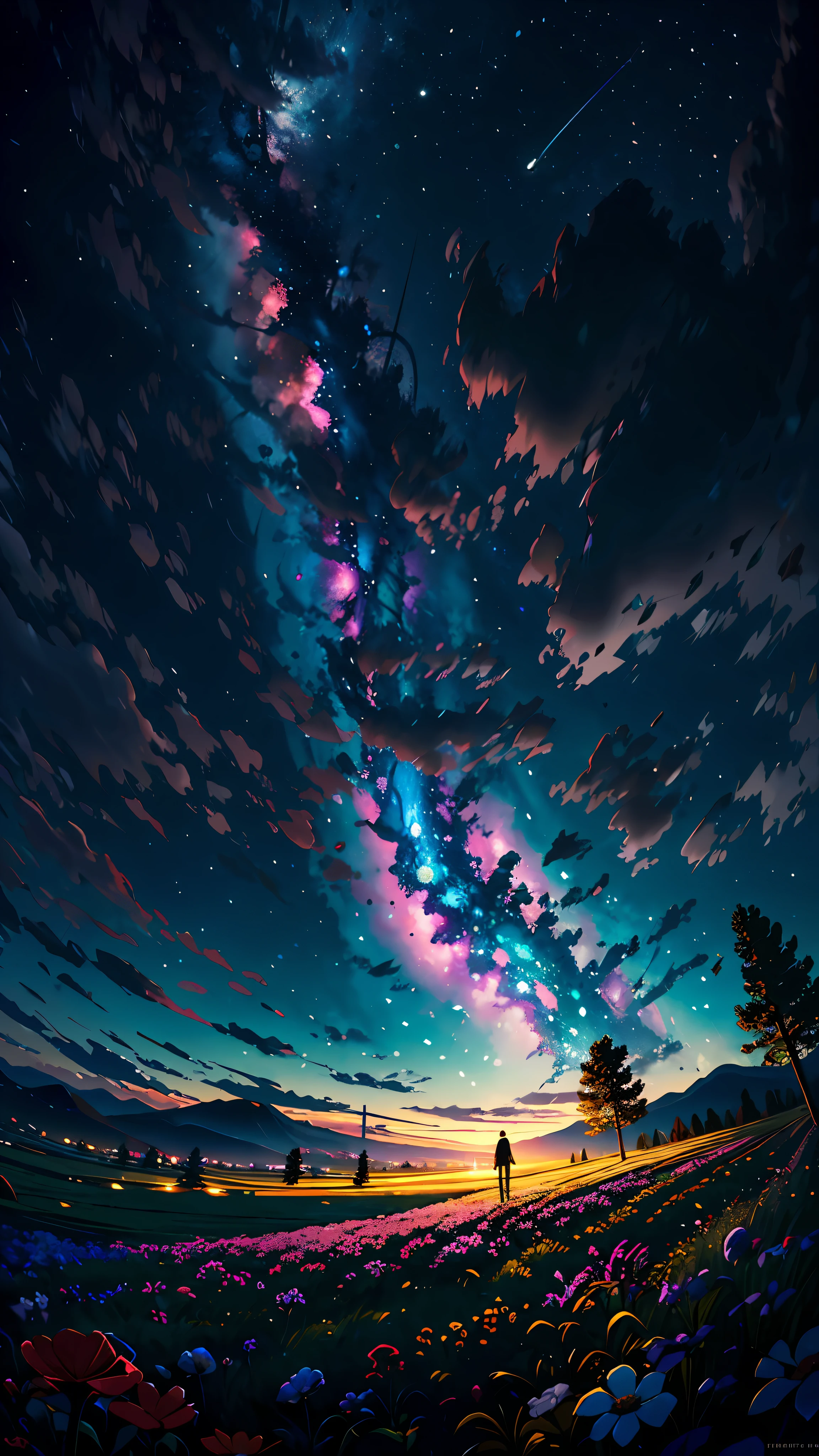 Expansive landscape photograph，（look from down，Above is the sky，Below are open fields），A girl standing on a flower field looking up，（moon full：1.2），（Meteor：1.2），（Starcloud：1.3），far away mountain, Tree BREAK making art，（Warm light source：1.2），（glowworm：1.2），lamp lights，Lots of purple and orange，Complicated details，Volumetric lighting BREAK（masterpaintings：1.2），（Best Quority），4k，hyper detailled，（dynamic compositions：1.4），with rich details，rich colour，（Iridescence color：0.9），（glowing with，Atmospheric lighting），dreamlike，magical，（独奏：1.2）