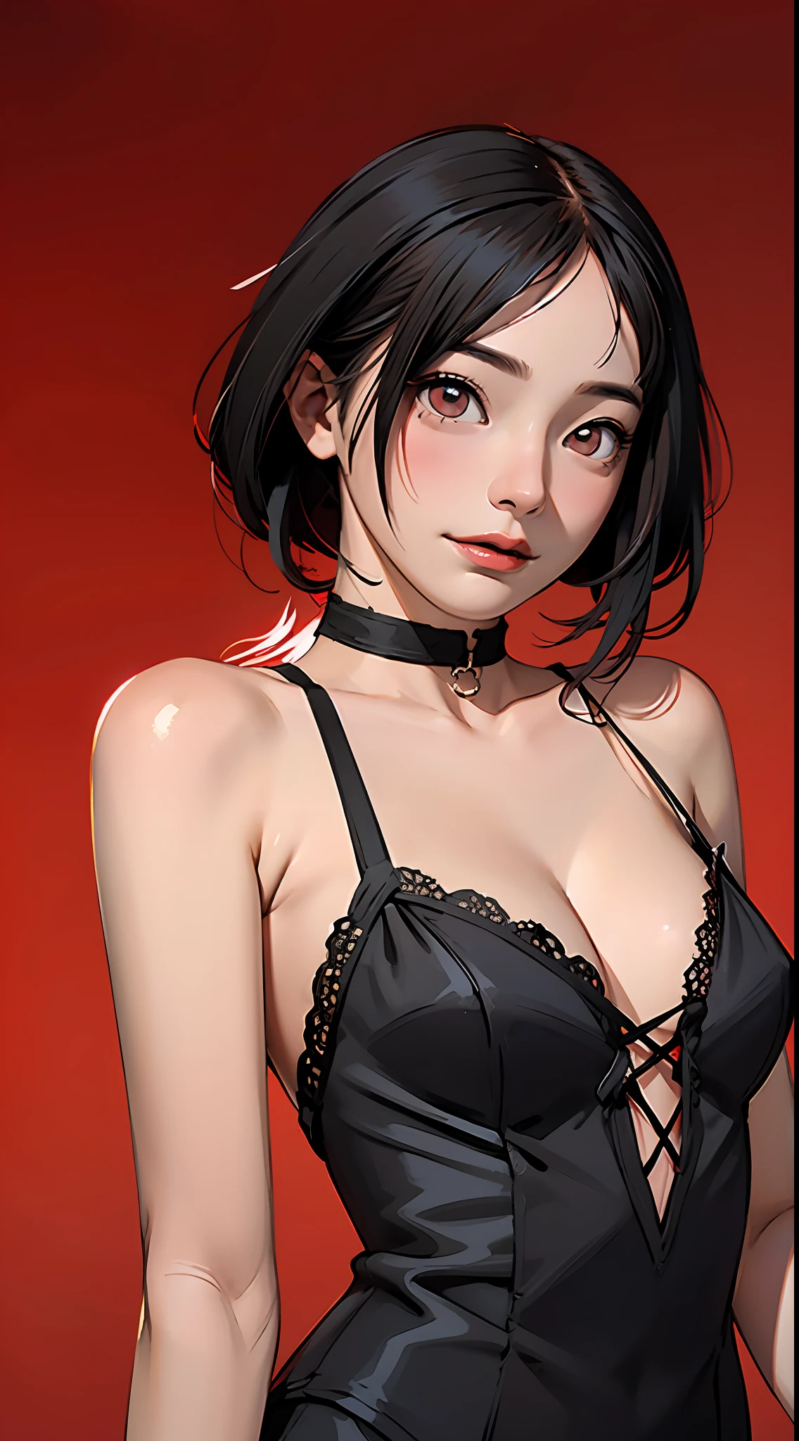 ultra hyper-detailed、hightquality、beste-Qualit、high detailing、Precise illustrations、Pencil drawing、Edge Detection、sharpness、High contrast、Highlight、photoRealstic、cinematiclight、8K、Solo、Bright red background、Red gradient background、gradients、cleavage of the breast、big chest out、Girl with dark skin、beautiful Girl、Black Dress、Bright red lipstick、Bright red eyeshadow、Red Eyes、Dark hair、short-hair、Bery short hair
