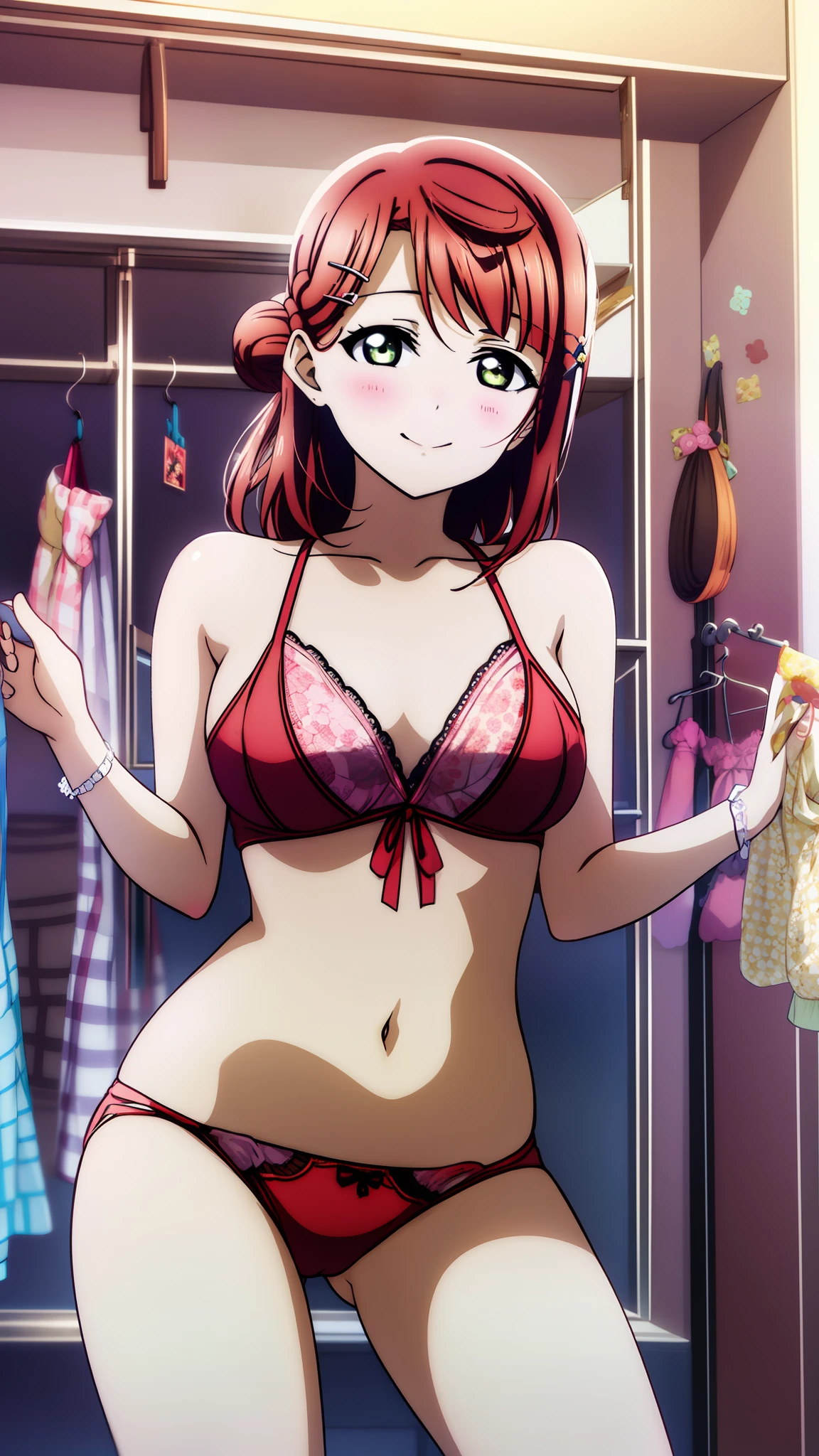 Ayumu Uehara　beste-Qualit　change room　Changing clothes　Red lingerie　anime illustrated　1girl in