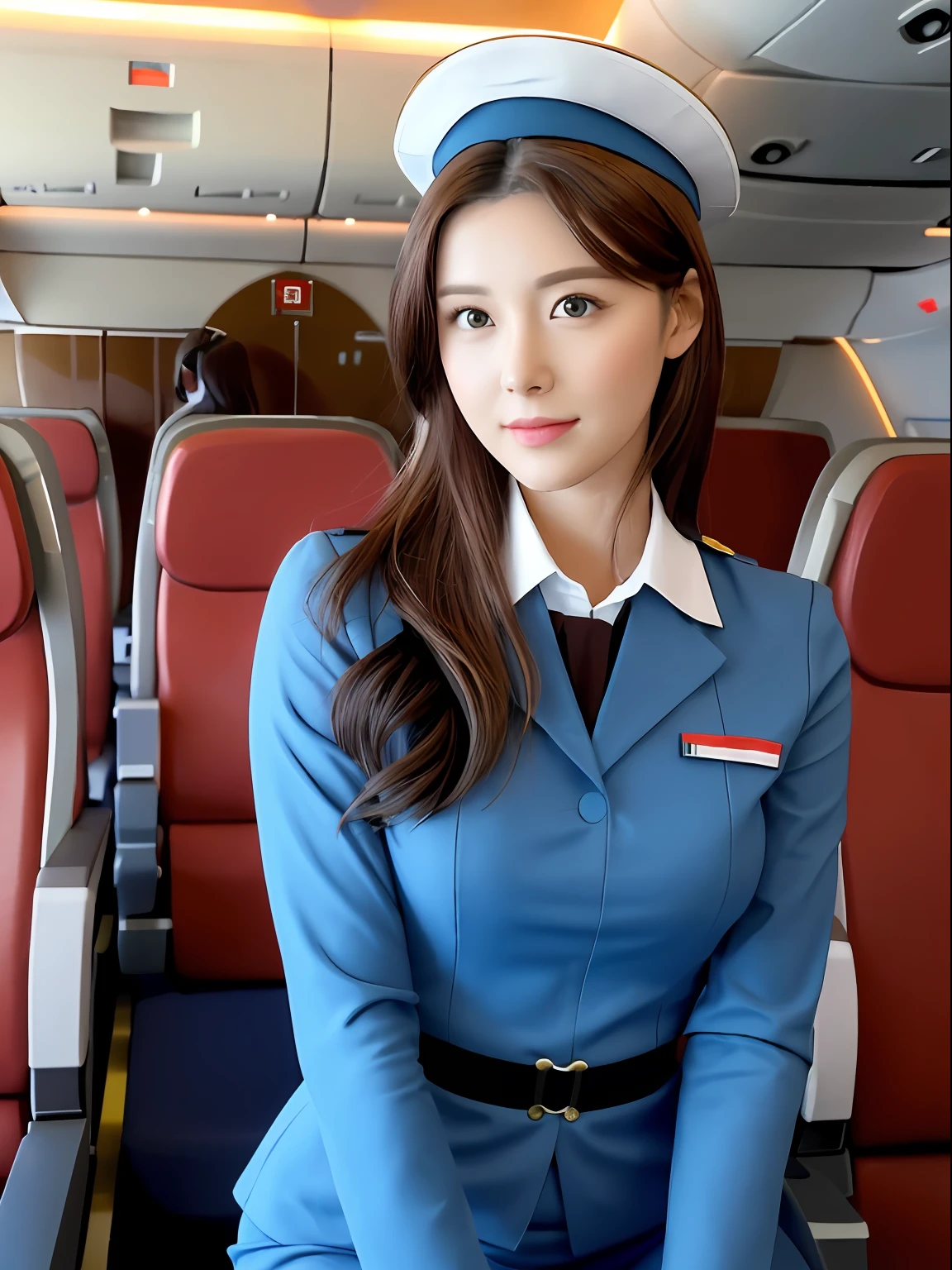 woman in her 20s，（Perfect face），Contoured chin line，beautifullips，（Beautiful bright black eyes），（with short brown hair），（Red long-sleeved flight attendant uniform），（Red garrison cap），Saluting posture，looking looking at viewer，（Medium lens photo），（Aircraft cabin interior background），a photorealistic