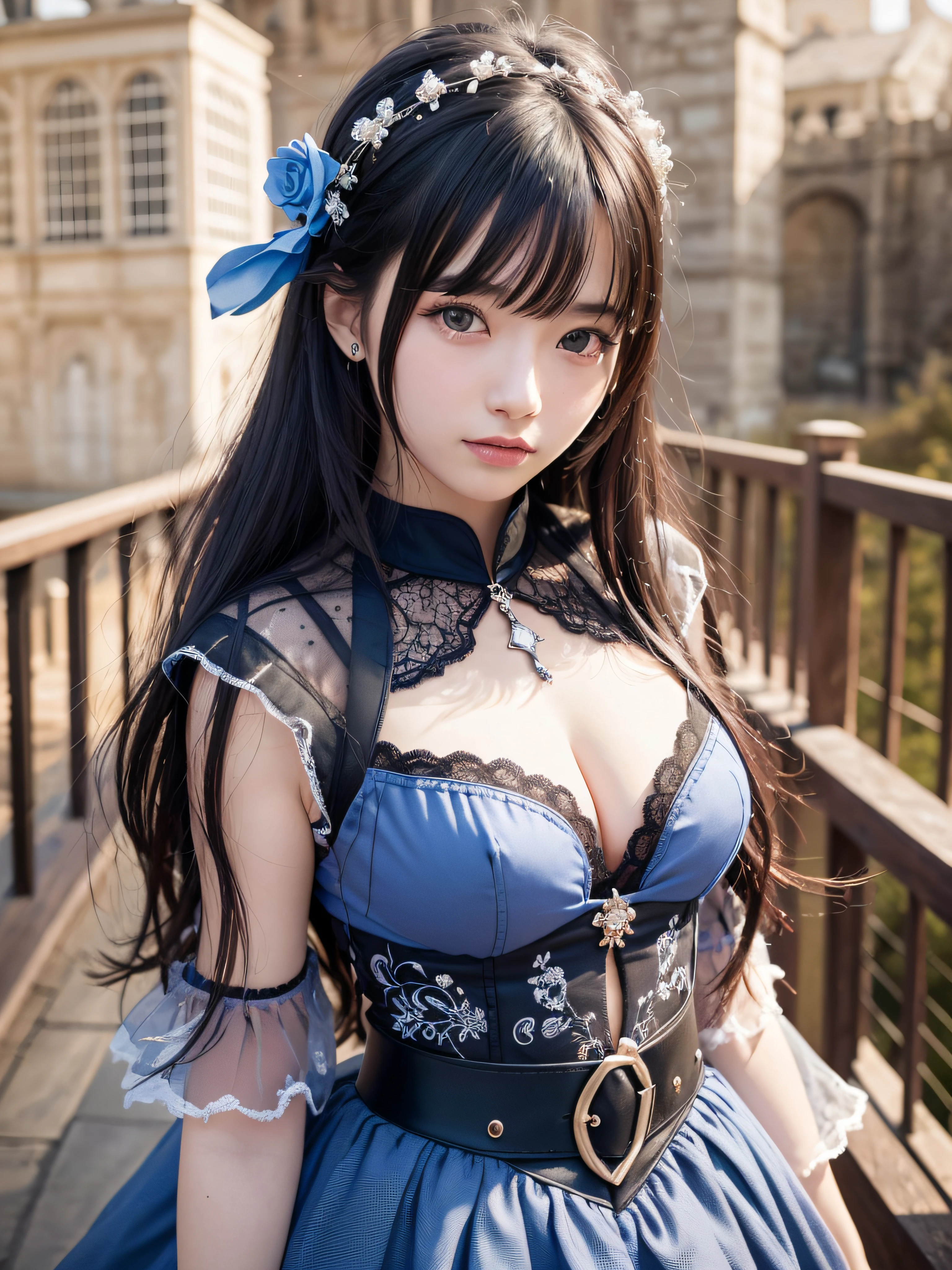 (realistic, photo realistic:1.37), incredibly absurdres, (insanely detailed:1.3), 8k, (masterpiece), (best quality:1.4), (ultra high res:1.2), (raw photo:1.2), (unity 8k wallpaper), 1 nogizaka girl, utterly cute, (bishojo:1.35), (:1.4), (alice and the pirates fashion), detailed beautiful dress, hair accessory with blue rose, detailed beautiful face, detailed beautiful eyes, detailed black shine hair, medium breaile at the camera, cowboy shot, castles scenery in europe, ultra detailed background, professional lighting