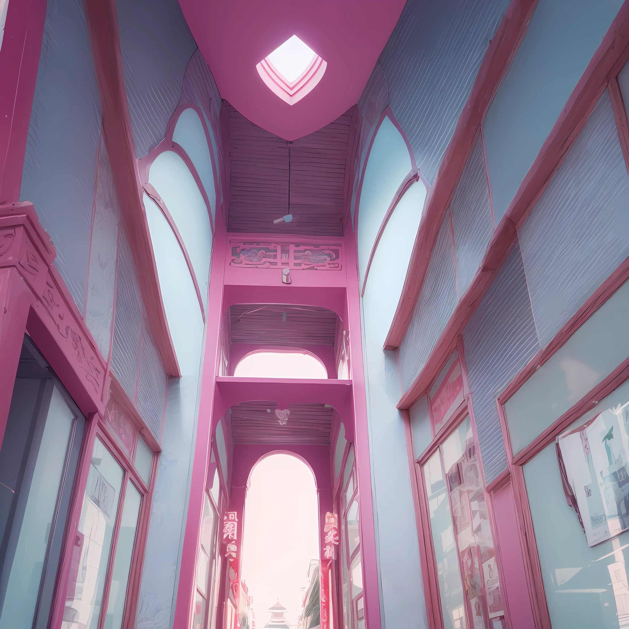 (minimalist art:0.8, pink tones, vibrant colors, pastel color palette, vivid colors),(Chinese architecture:1),symmetry,geometric shapes, clean lines,modern style, 2 POINT PERSPECTIVE. --auto