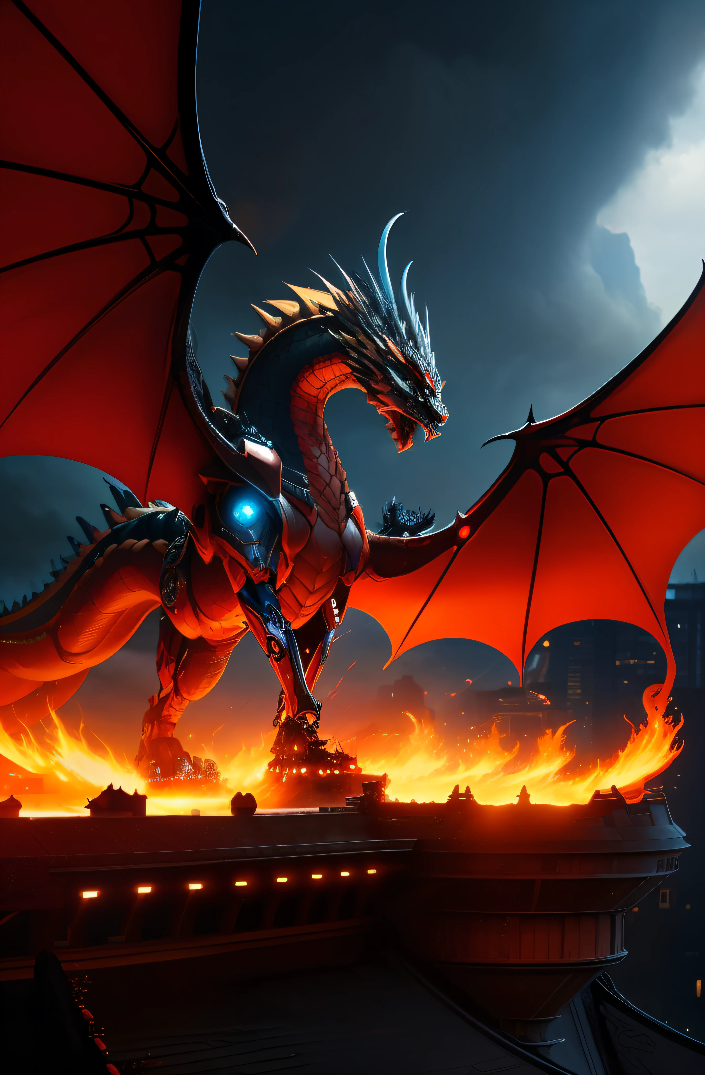 The battle between the mecha warrior and the Celestial Two-Winged Divine Dragon,Red gold flame light effect,Gray battle ruins background,Intricate armor pattern design,Fierce dragon,Close-up display,Xinhai City,oilpainting,hyper-detailing,4K