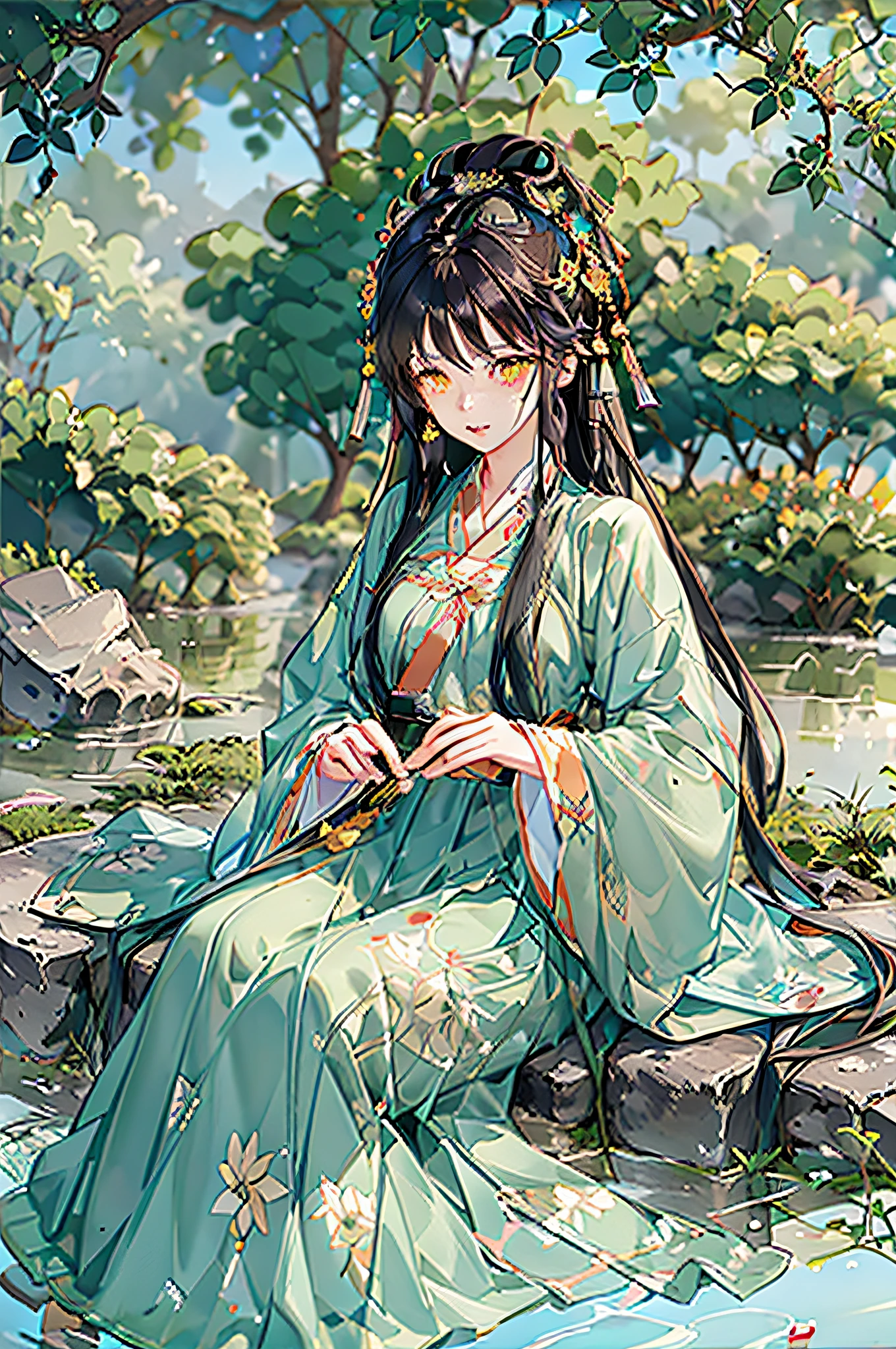 Best quality,Complicated details,8k,hight clarity,(beautiful detailed water:1.4),(Hanfu,Tang style),yellow eyes,(Girl in a glass jar:1.1),(Flowers float on the water),Surrounded by green leaves and flowers