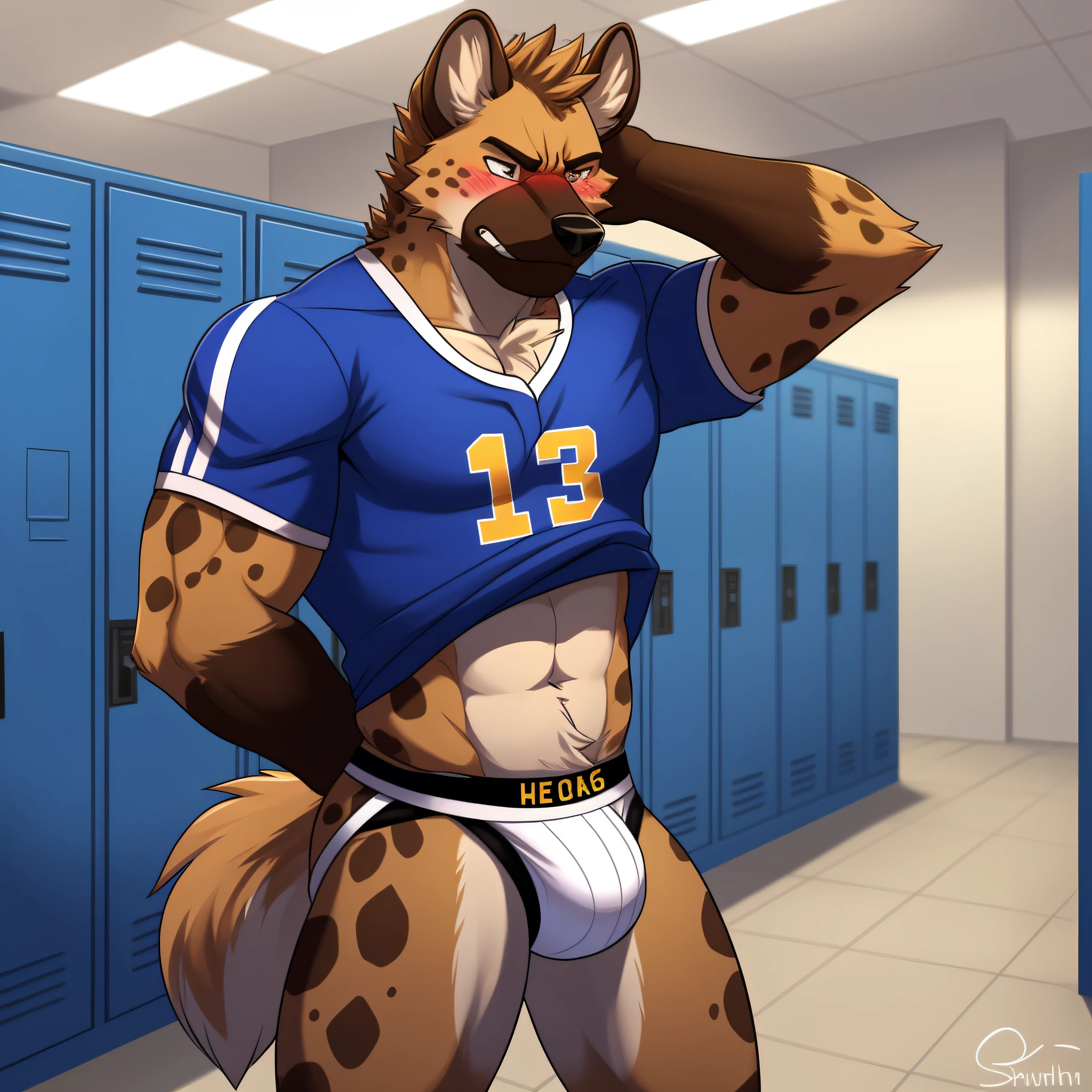 Hyena, male, solo, brown body, jockstrap, (baseball shirt), bulge (jockstrap), blushing, detailed lighting, arms behind back, annoyed, locker room