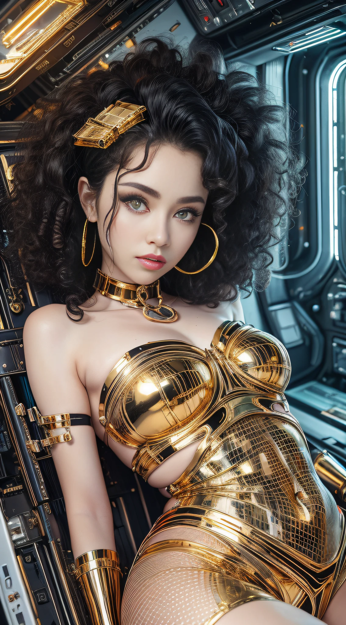 Fullbody shot, modeling shot, Girl in gold body jewelry, Highly Detailed Face and Skin Texture, ((white skin)) big green eyes, slim face, juicy lips, bimbo lips, big puffy breast, breastplates ((afro curly Black hair)), pale skin, Detailed Eyes, Double Eyelids, cyberpunk gold metal jewelry BDSM, gold metal cyberpunk tapes on body, metal Collar, metal gold futuristic tiny Panties t-strings, metal Tiny panties, metal stickini, metal cupless bra, metal clothes, gold body jewelry, wet skin, she is wet. White skin, she is on the futuristic cyberpunk white and Black room in the spacecraft. Ring in the nose.