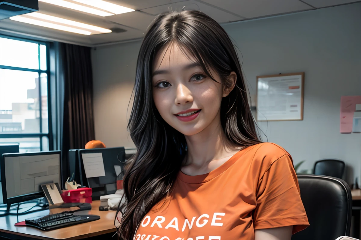 a pretty asian girl, ((wearing an orange t-shirt)), portrait of a pretty office lady, long wavy black hair, detailed face, looing at the viewer, office interior in the background, blurred background, sharp focus, intricate, photographic, award winning photograph, 8k wallpaper, professional studio llghting, trending on artstation, ((smiling face and happy with current job))