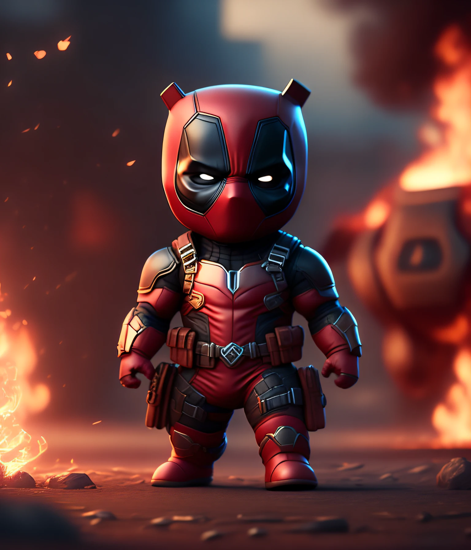 cinematic shot of realistic cute deadpool , surounded by fire, seamless, epic, cinematic, intricate detail, award winning, great lighting, shading, high quality, detailed
