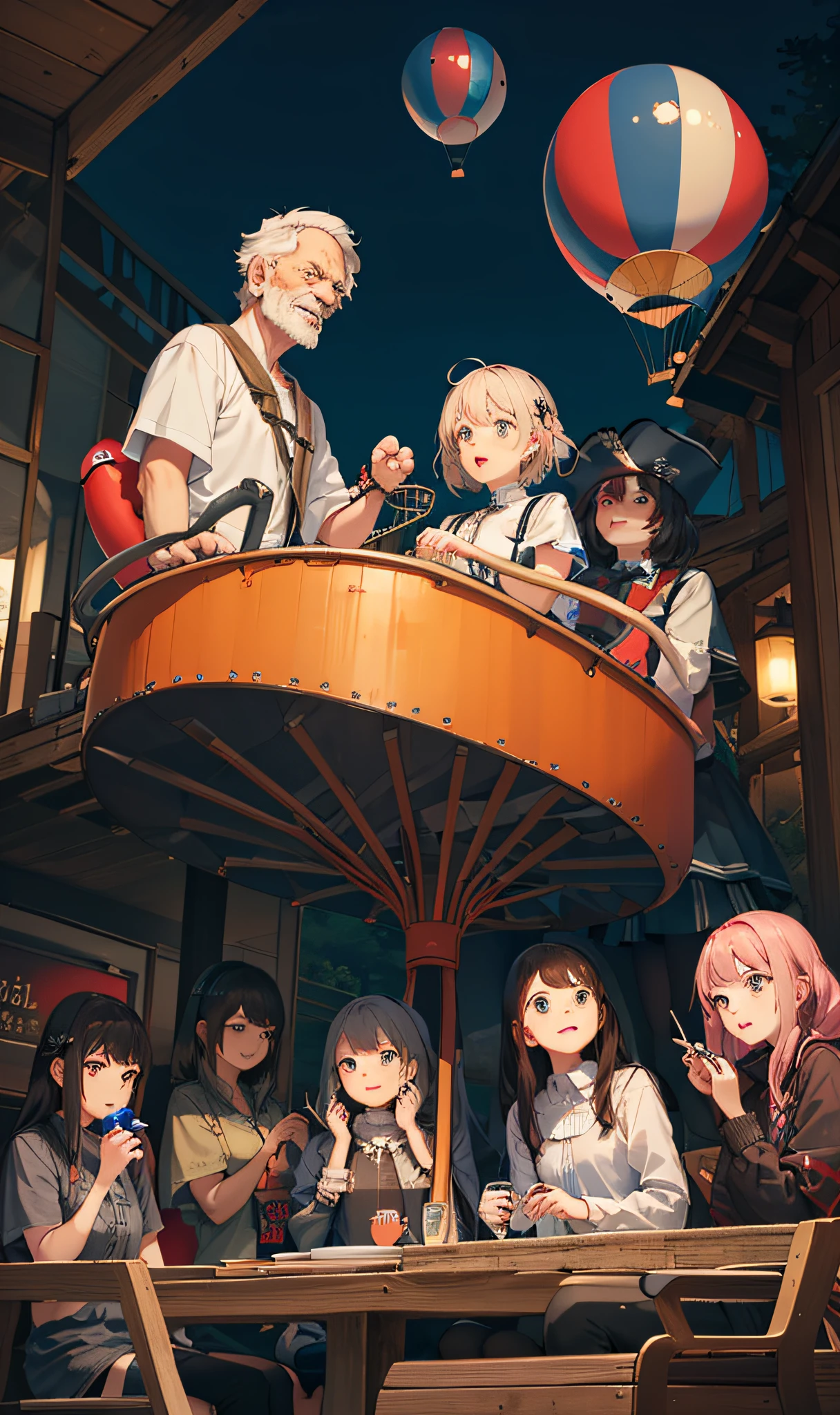 The old man sat on a large balloon and commanded many robots below,There are plenty of tents below,rollercoaster,pirate ships,he Ferris wheel,log cabin,There were a lot of people in the camp。Fine skin,Lots of detail on the face,beautiful weather,UAVs, etc