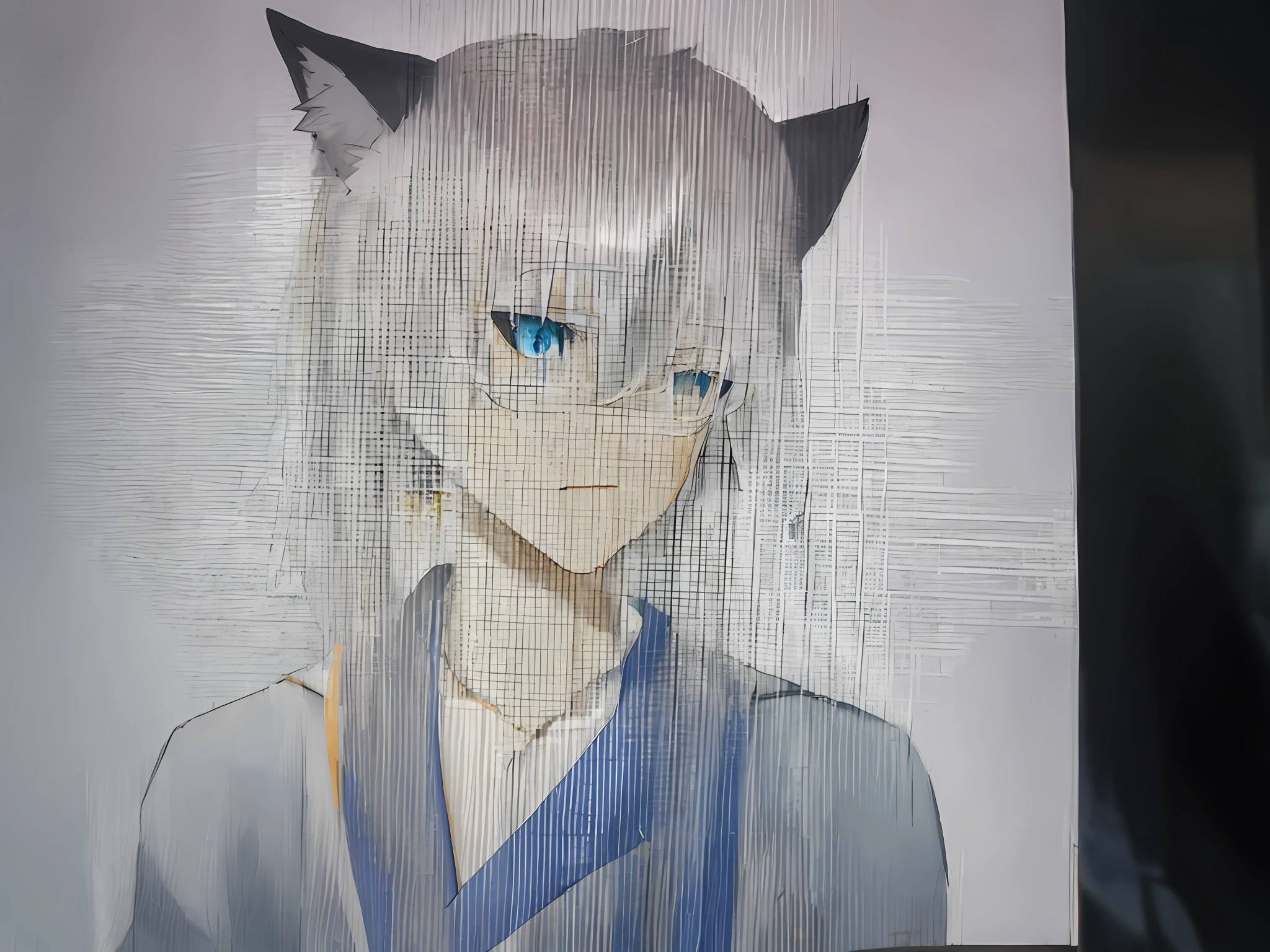 anime character with blue eyes and a cat ears, he has dark grey hairs, Mainly depicts the folds of clothes《genshinimpact》in the clear, yee chong silverfox, White-haired fox, with silver hair, zhongli from genshin impact, inspired by Bian Shoumin, Silver hair (ponytailhair), white fox anime, author：Uesaka Seka, vector shaded anime, made with anime painter studio，Just depict the folds of the clothes，Costumes to wear
