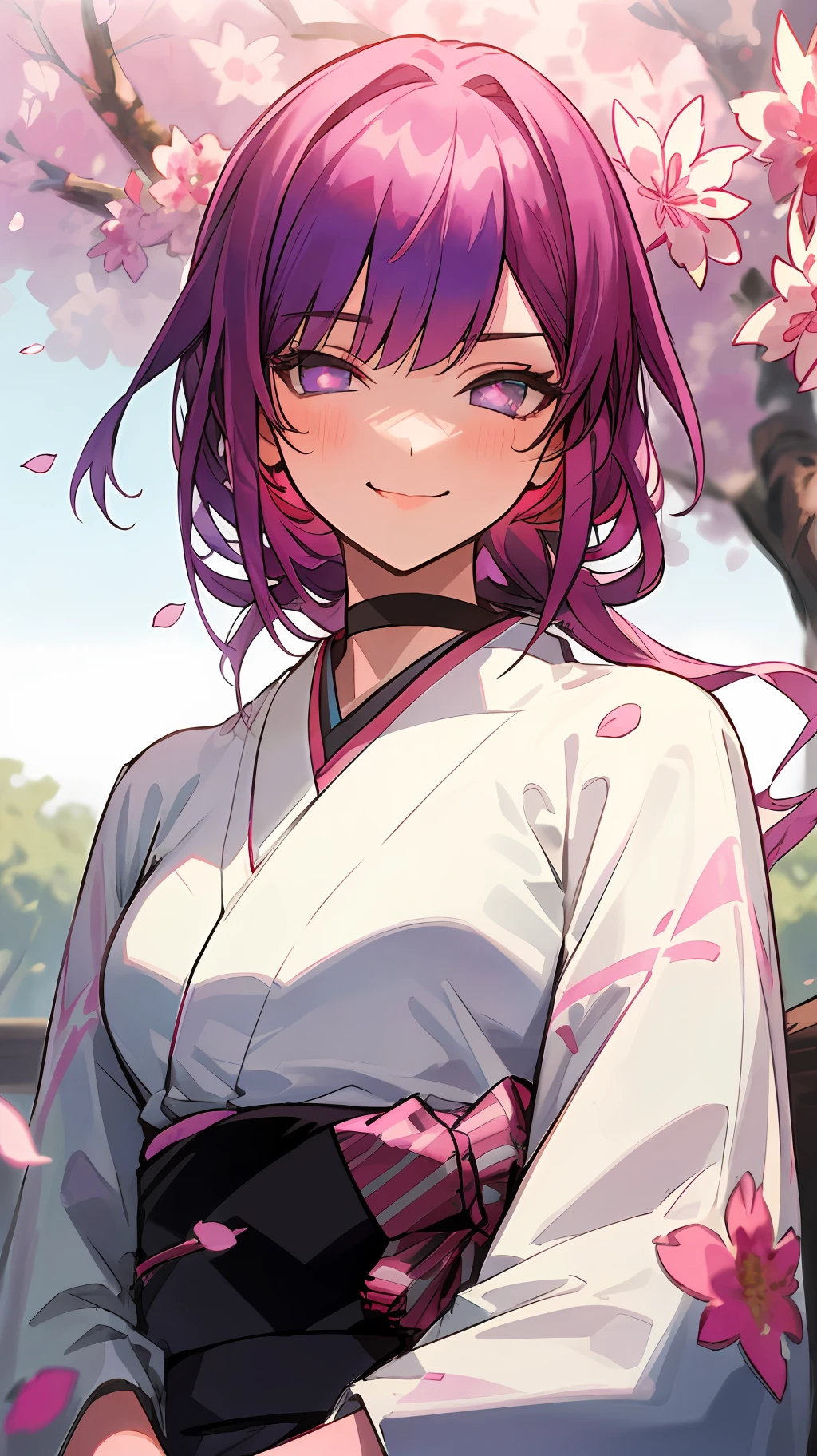 (((masterpiece))),(((best quality))), ((ultra-detailed)), (best illustration), 1girl, solo, blush, smug, smile, purple eyes, choker, gradient eyes, none Pupils, multicolored_hair, pink hair, blue hair, long hair,sangonomiya kokomi, ((kimono)), outdoors, sakura trees, sakura, facing to viewer, front view