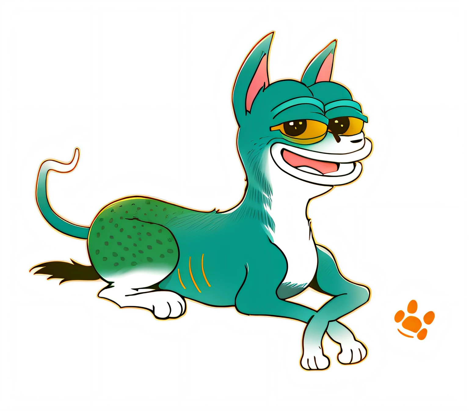 A Pepe dog lying on his stomach, anthropomorphic dog, cartoon creature, cartoonish style, outlines!!!, drawn with photoshop, In a smile, outlines, anthropomorphic cat, illustration，There are spots on the body，White background
