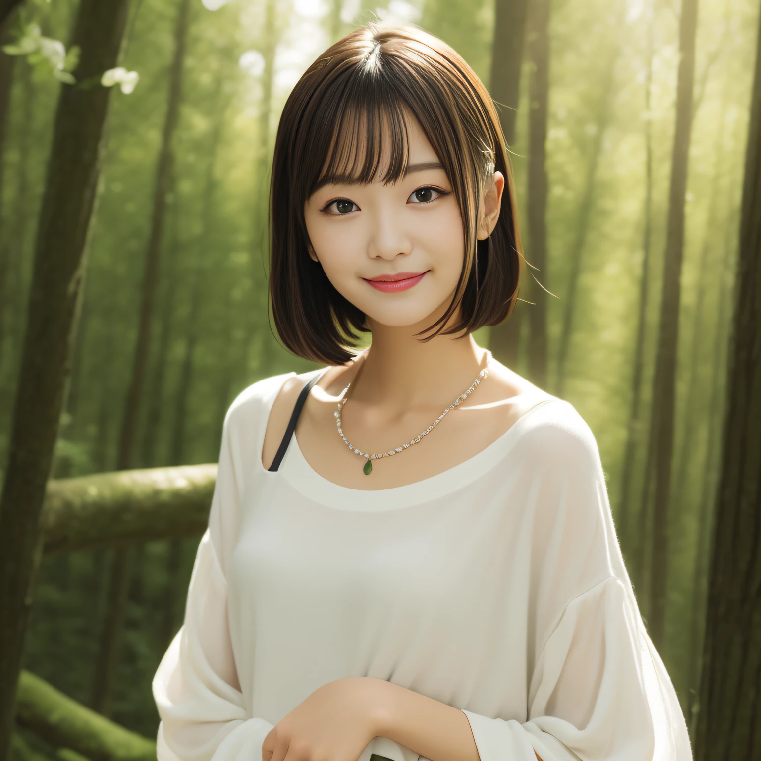 a smile、white clothing、forested
