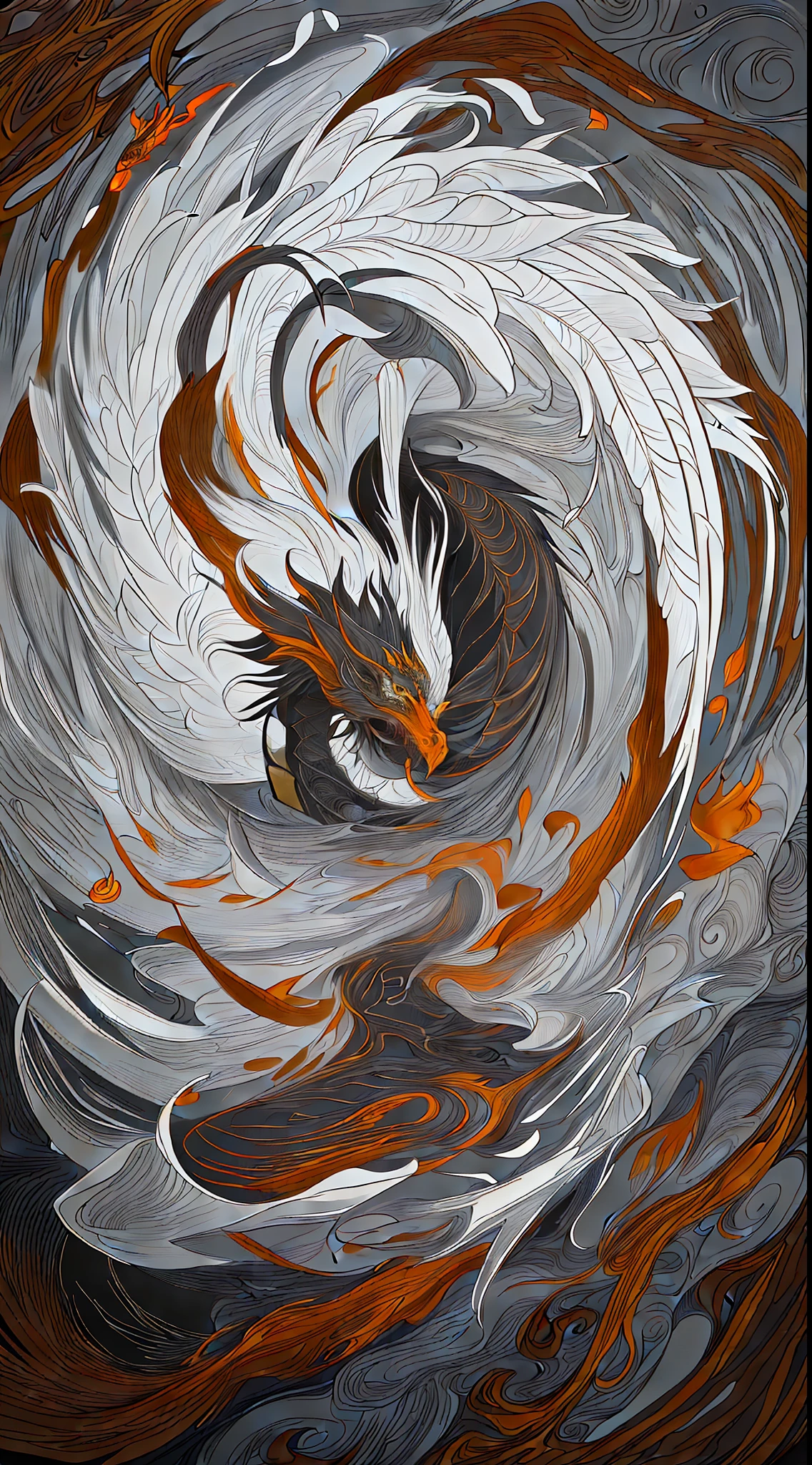 There is a dragon with orange feathers flying in a spiral, intricate digital painting, intricate digital art, intricate digital artwork, aaron horkey, aaron horkey style, extremely detailed digital art, digital intricate art, intricate digital art, intricated、Epic composition, intricate fantasy painting, intricate ornate anime cgi style, intricate 3 d illustration, highly detailed fantasy art