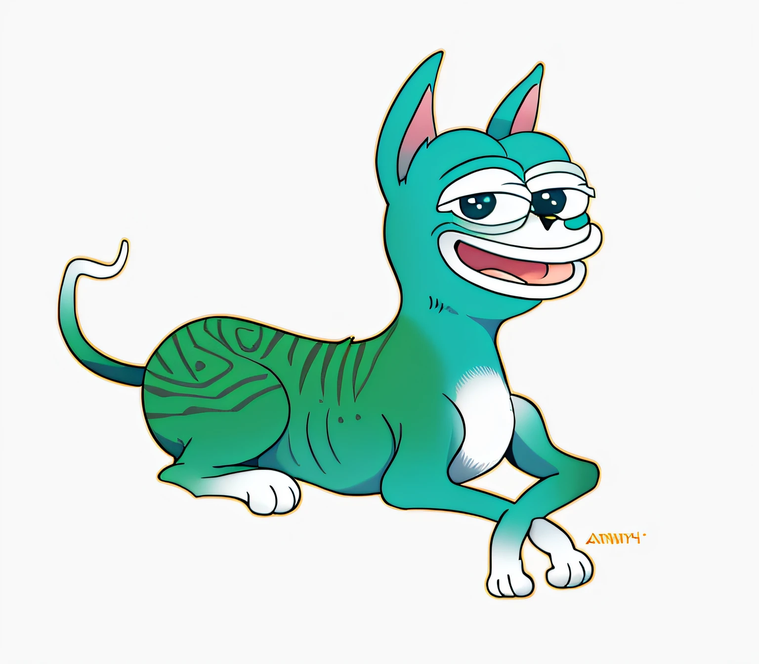 A Pepe dog lying on his stomach, anthropomorphic dog, cartoon creature, cartoonish style, outlines!!!, drawn with photoshop, In a smile, outlines, anthropomorphic cat, illustration,There are spots on the body,White background