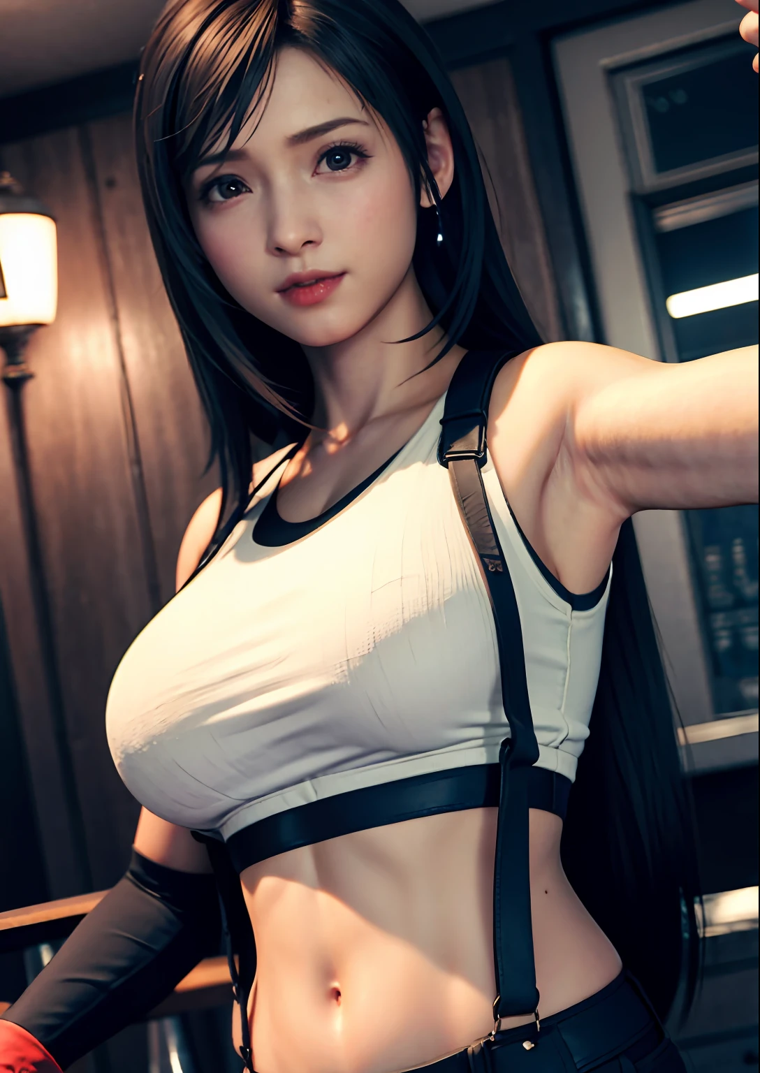 (Photorealistic: 1.4), top quality, very delicate and beautiful, high resolution, 1girl, tifa_lockhart, smile, cowboy shot, suspenders, low rise, mini skirt, tank top, tense shirt, black hair, long hair, elbow gloves, beautiful detailed red eyes, face light, movie lighting, navel, high exposure, abdomen exposure, ribs, abs, ( gigantic breasts: 1.2), dynamic poses, dynamic angles,