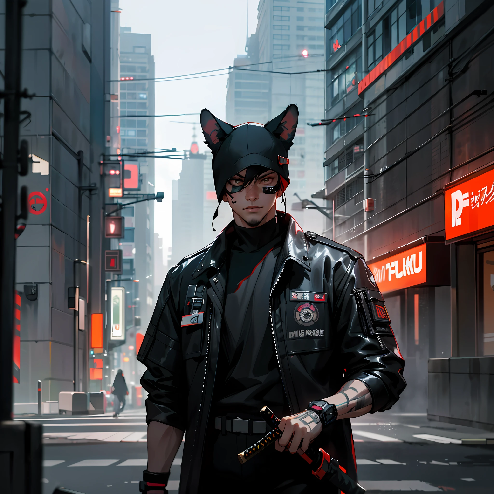 arafed dog in a leather outfit with a sword in a city, cyberpunk samurai, urban samurai, portrait of a cyberpunk samurai, very beautiful cyberpunk samurai, badass anime 8 k, street samurai, wojtek fus, cyberpunk street goon, in cyberpunk style, hyper-realistic cyberpunk style, cyberpunk art style, has cyberpunk style, in style of beeple, in cyberpunk city