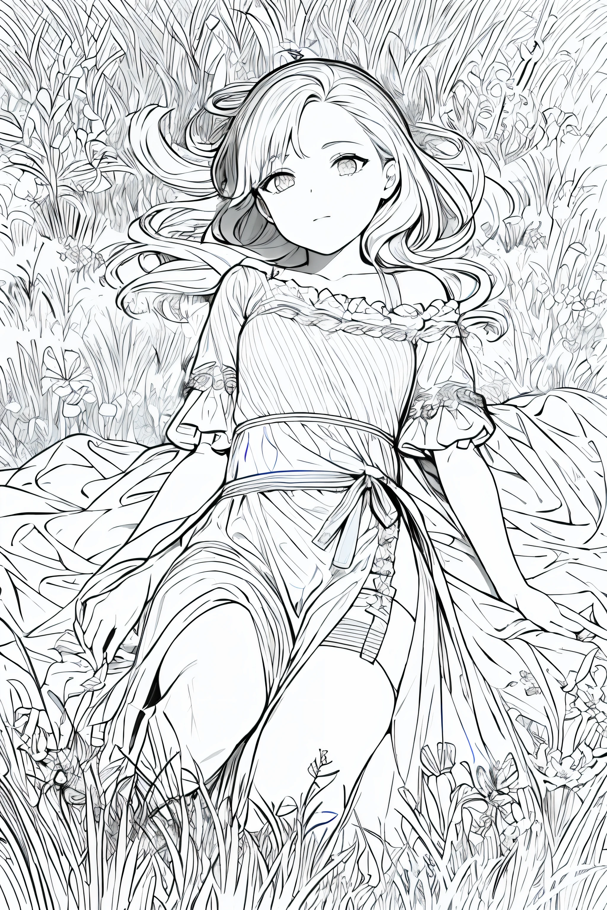 obra maestra, mejor calidad, A girl lying in the middle of a meadow, Arte lineal, Monocromo,