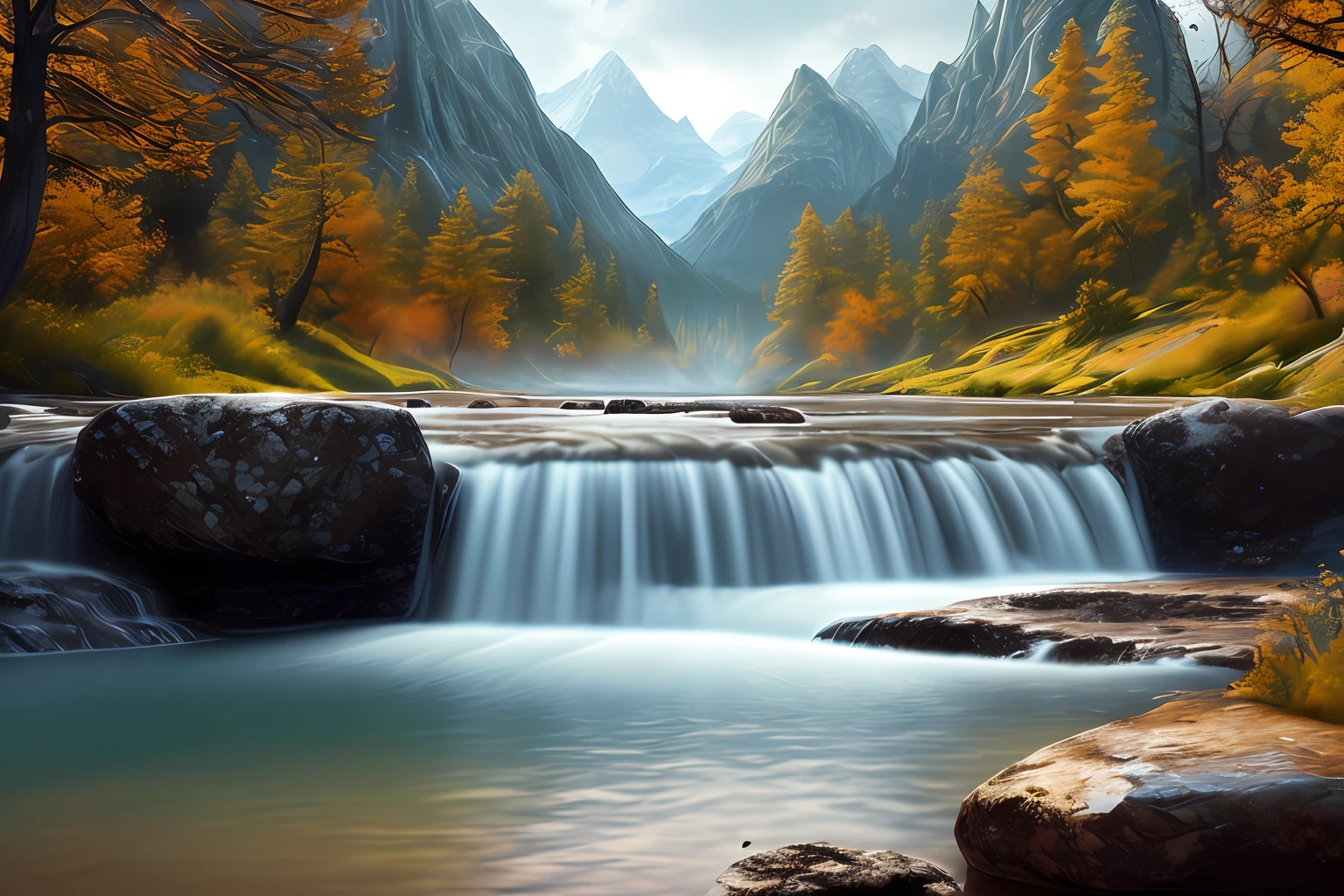 landscape, water, (extremely detailed CG unity 8k wallpaper), most beautiful artwork in the world, professional majestic oil painting, intricate, High Detail, Sharp focus, dramatic, photorealistic painting art