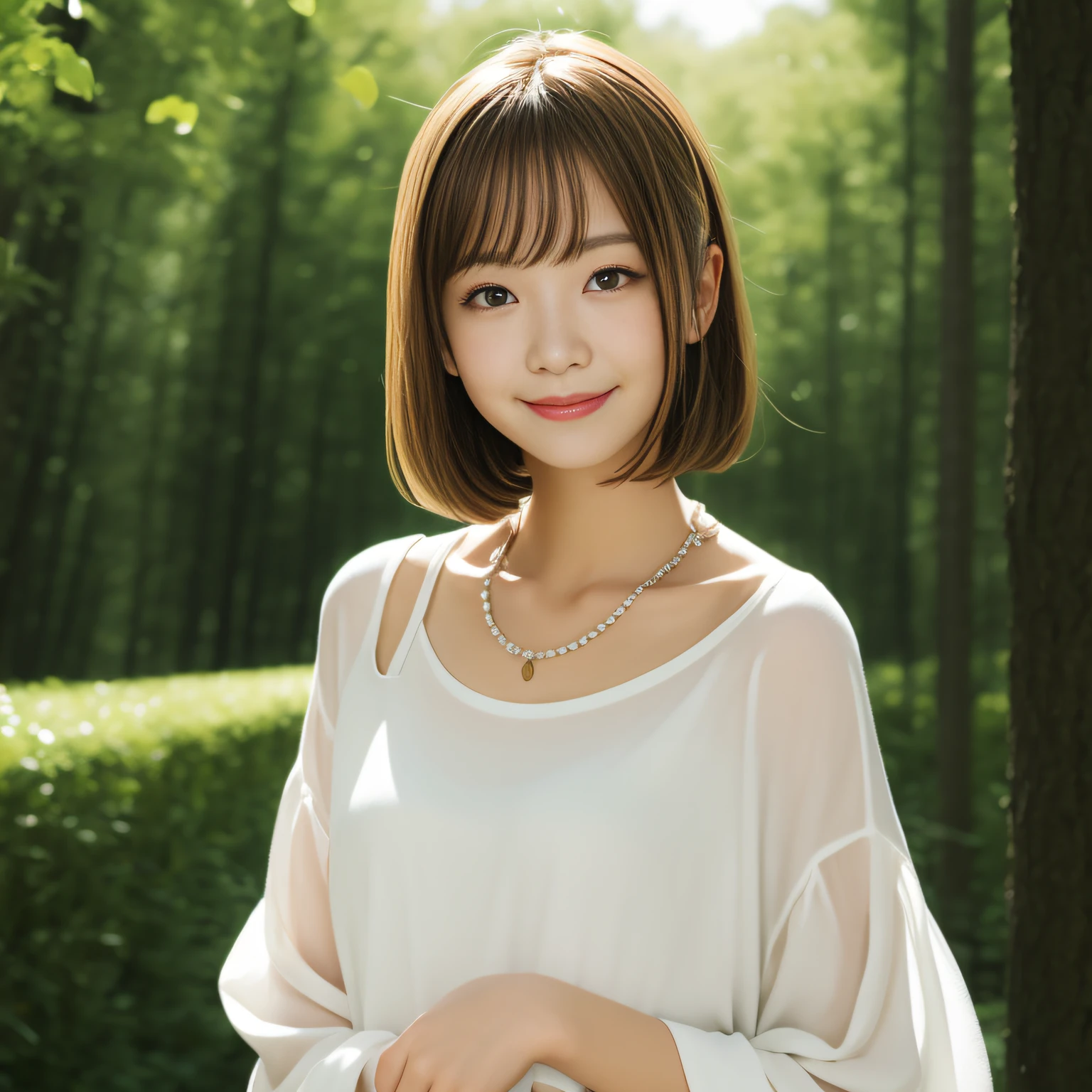 a smile、white clothing、forested