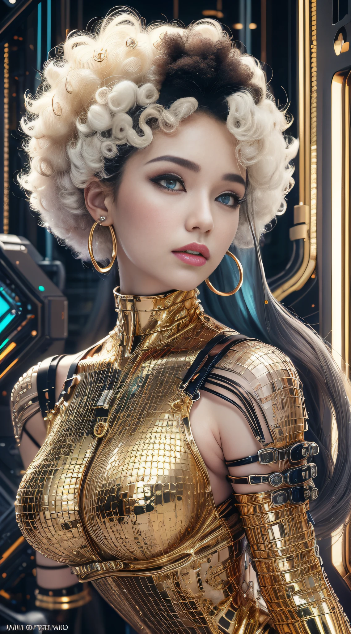Fullbody shot, modeling shot, Girl in gold body jewelry, Highly Detailed Face and Skin Texture, ((white skin)) big green eyes, slim face, juicy lips, bimbo lips, big puffy breast, breastplates ((afro curly Black hair)), pale skin, Detailed Eyes, Double Eyelids, cyberpunk gold metal jewelry BDSM, gold metal cyberpunk tapes on body, metal Collar, metal gold futuristic tiny Panties t-strings, metal Tiny panties, metal stickini, metal cupless bra, metal clothes, gold body jewelry, wet skin, she is wet. White skin, she is on the futuristic cyberpunk white and Black room in the spacecraft. Ring in the nose.