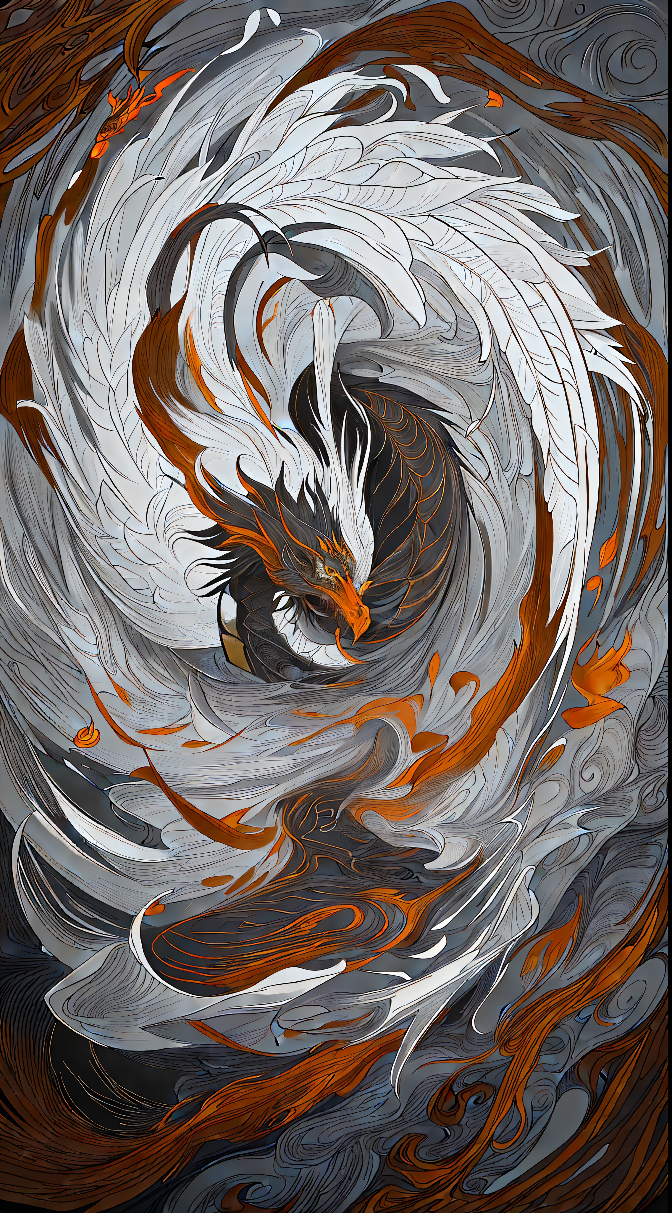 There is a dragon with orange feathers flying in a spiral, intricate digital painting, intricate digital art, intricate digital artwork, aaron horkey, aaron horkey style, extremely detailed digital art, digital intricate art, intricate digital art, intricated、Epic composition, intricate fantasy painting, intricate ornate anime cgi style, intricate 3 d illustration, highly detailed fantasy art