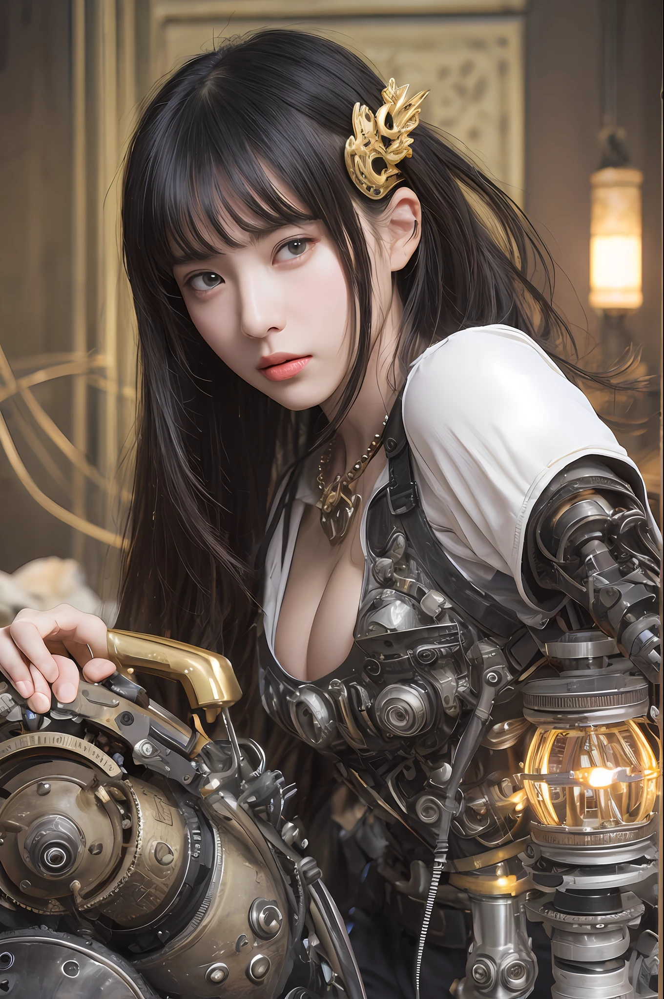 beste-Qualit、巨作、ultra-high-resolution、(photo- realistic:1.4)、Raw photo、女の子1人、Black hair、glowy skin、Steampunk Girl、((hyper realistic detail))、portlate、Global Illumination、Shadow、octan render、in 8K、ultrasharp、巨乳、Raw skin is exposed in cleavage、metals、Details of complex ornaments、Indian Hindu Detail、Luminous tube、Analog Meter、cog、gear、Golden hydraulic cylinder、extremely intricate detail、Realistic light、CGSoation Trends、purple-eyed、radiant eyes、Facing the camera、neon details、Mechanical limbs、blood vessels connected to tubes、Mechanical vertebrae attached to the back、mechanical cervical attaching to neck、sitting on、Wires and cables connecting to the head、Small LED lamp、