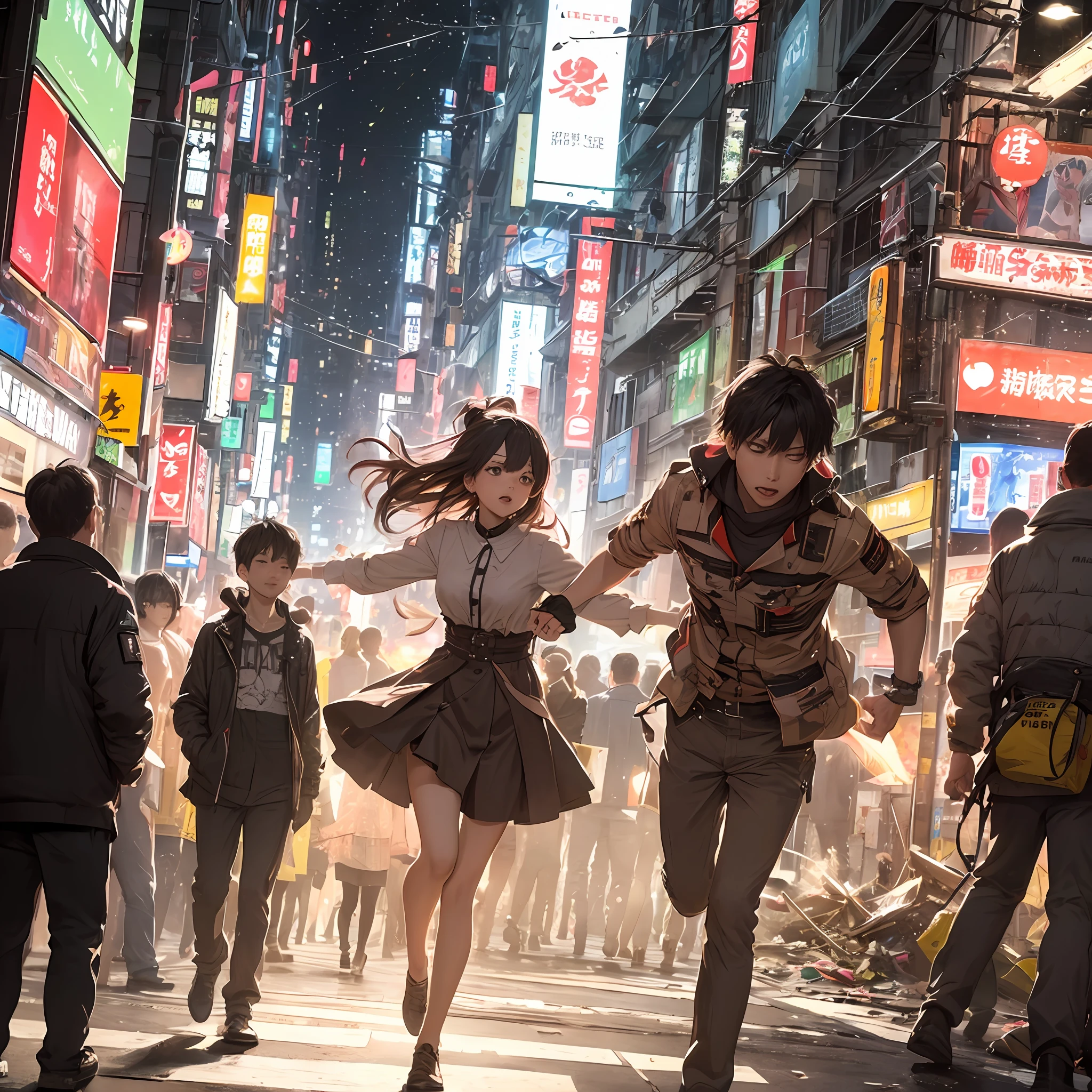 2D Illustration、extreme high definition、Correct drawing、pastel drawing、Watercolor wind、A scene like a movie、Dramatic lighting、(Cute Girl One.2)、Cymbal hair、Feminine costume、Running around the city、Multi-tenant building、Bustling street、signboard、City proclamation monitor showing disaster、rubbish、devastated、Sunnyday、miscellaneous、street lamps、traffic light、Ming extinguished、Flowing lights、Akira、Crowds、(Motion Effect:1.3)、(Motion Blur:1.3)、(Bokeh:1.6)、