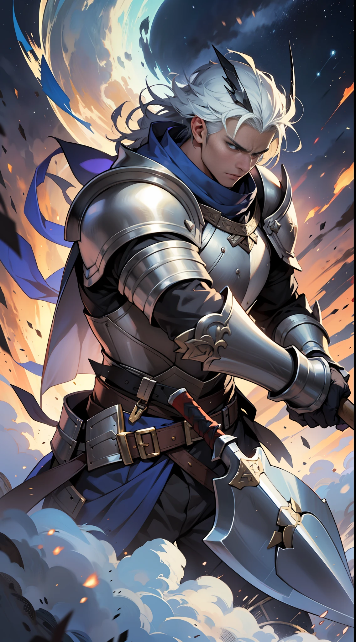 A handsome man in armor catches a massive battle axe, while another man in heavy armor wields a gigantic shield, with a fierce collision between the two, ,in the style of the stars art group xing xing, 32k, best quality, masterpiece, super detail, high details