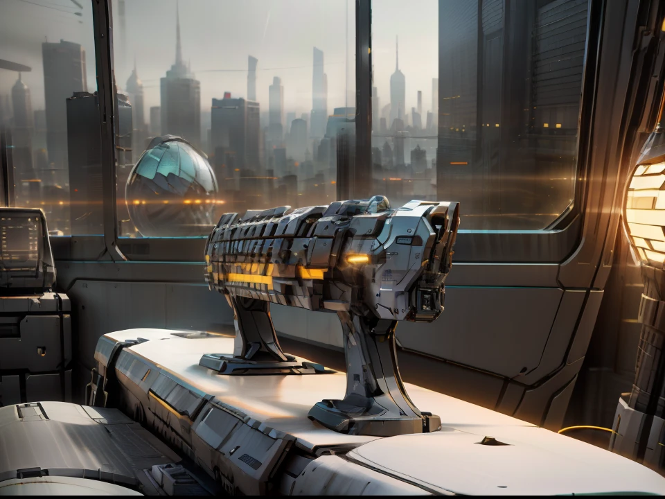 by John Harris、A keyboard for gorgeous futuristic technology by Sparth and Greg Rutkowski。sharp edge,Tiffany Blue,Gray-orange,White and gold。Sci-fi bedroom in a space base,Outside the window is the city skyline of the future,led lighting effects。Ultra-clear and detailed,3 d,Octane returns。 8K
