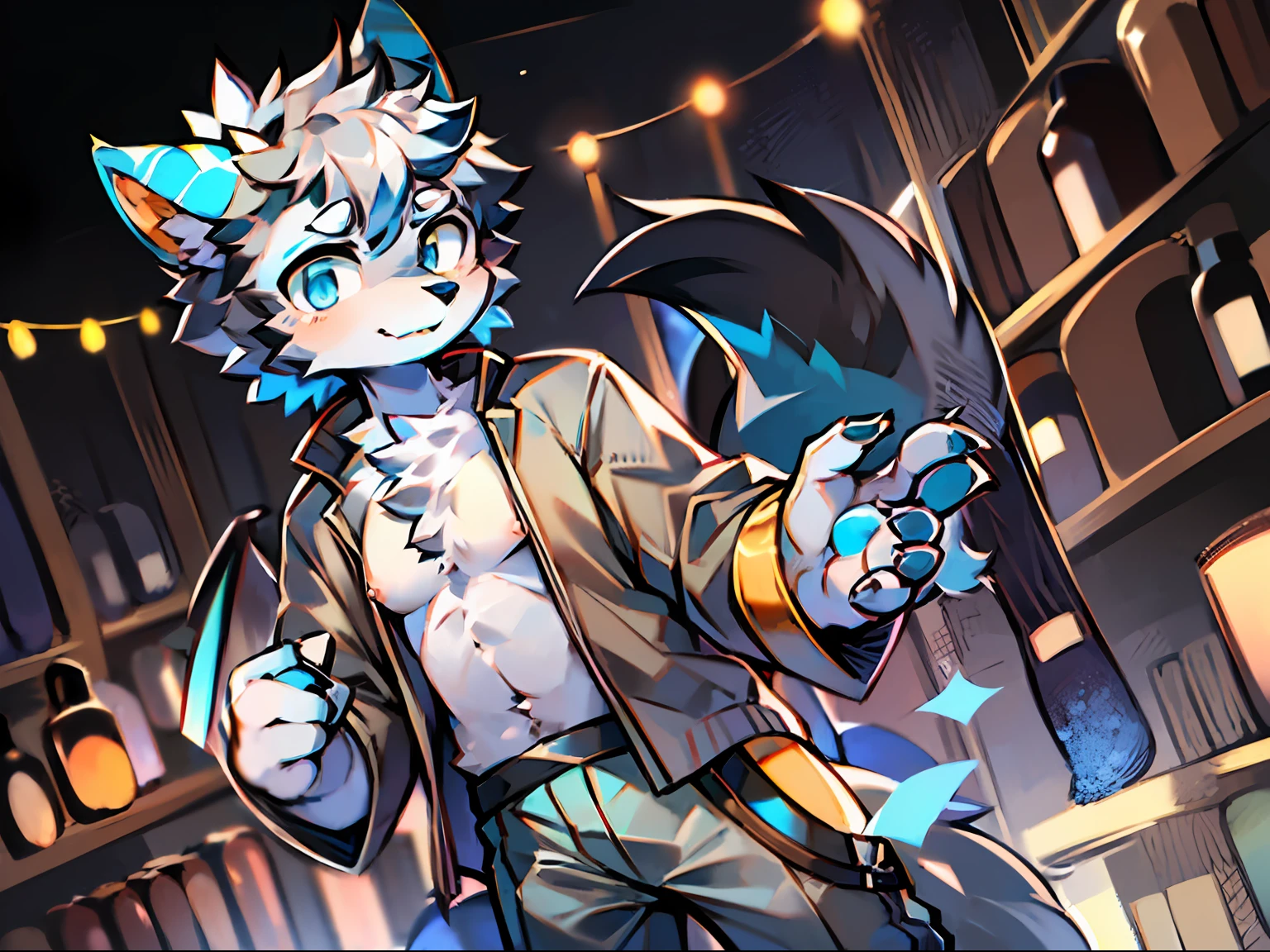 eyes with brightness, a panoramic view, Character focus ，Back Shadow，独奏,solo person， shaggy, Correct human anatomy。Furry male wolf（Dragon and wolf combined）, Male blue-white skin, The eyes are blue，（A pair of dragon wings）, Gray hair(The long），There is a pair on the forehead（small nipple）Blue horn fluorescence，festivity，bazaars，Shopping，whitet-shirt（fit body），Gray trousers，Young style，Height one meter seven，Handsome， There is a wolf tail，Hi-Def，8K，1440*2048