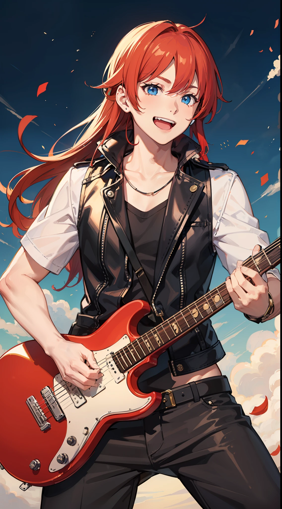 Young guy, Long red hair, blue eyes, red sleeveless leather vest, electric guitar, Cheerful smile, open mouth, Masterpiece, high qulity