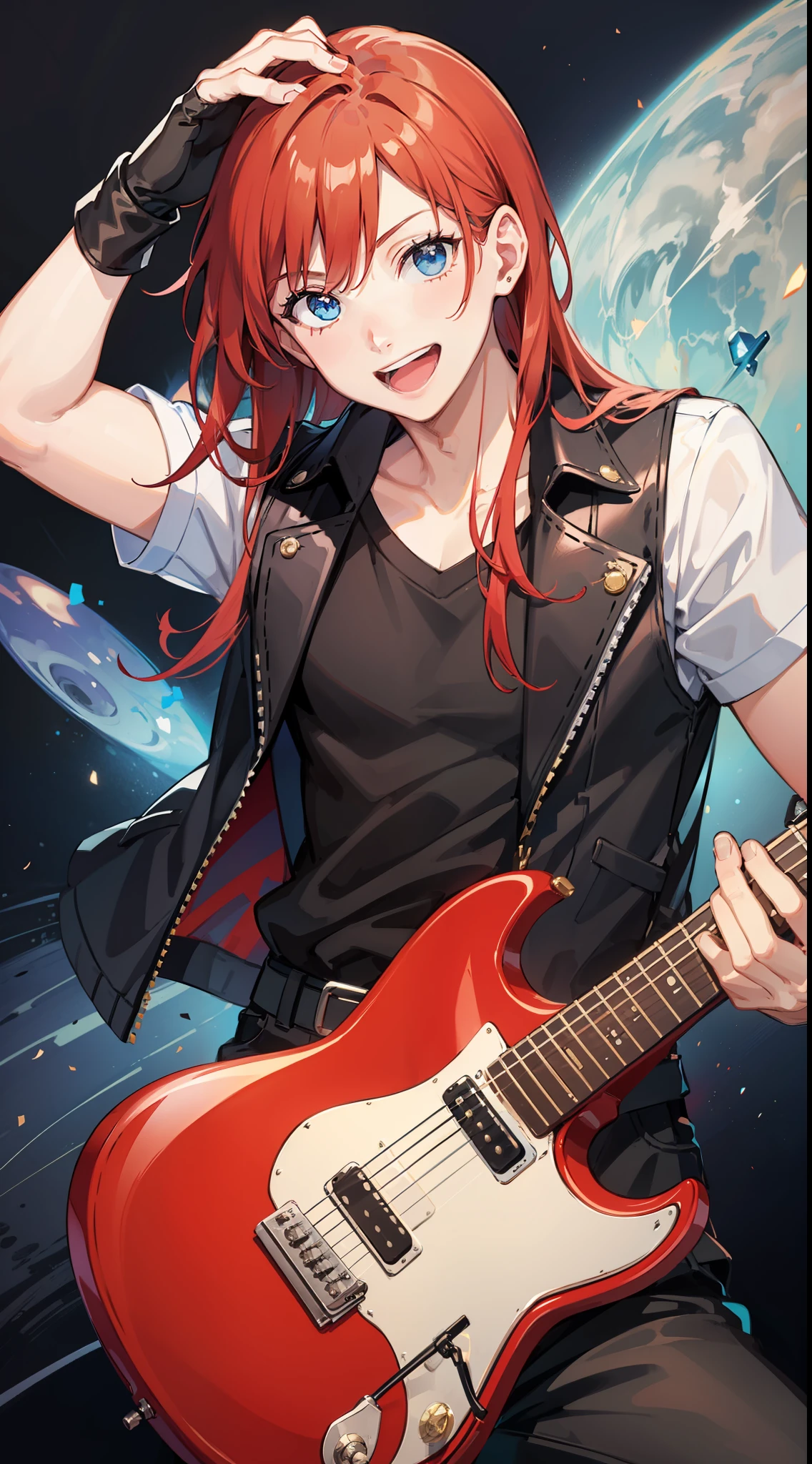Young guy, Long red hair, blue eyes, red sleeveless leather vest, electric guitar, Cheerful smile, open mouth, Masterpiece, high qulity