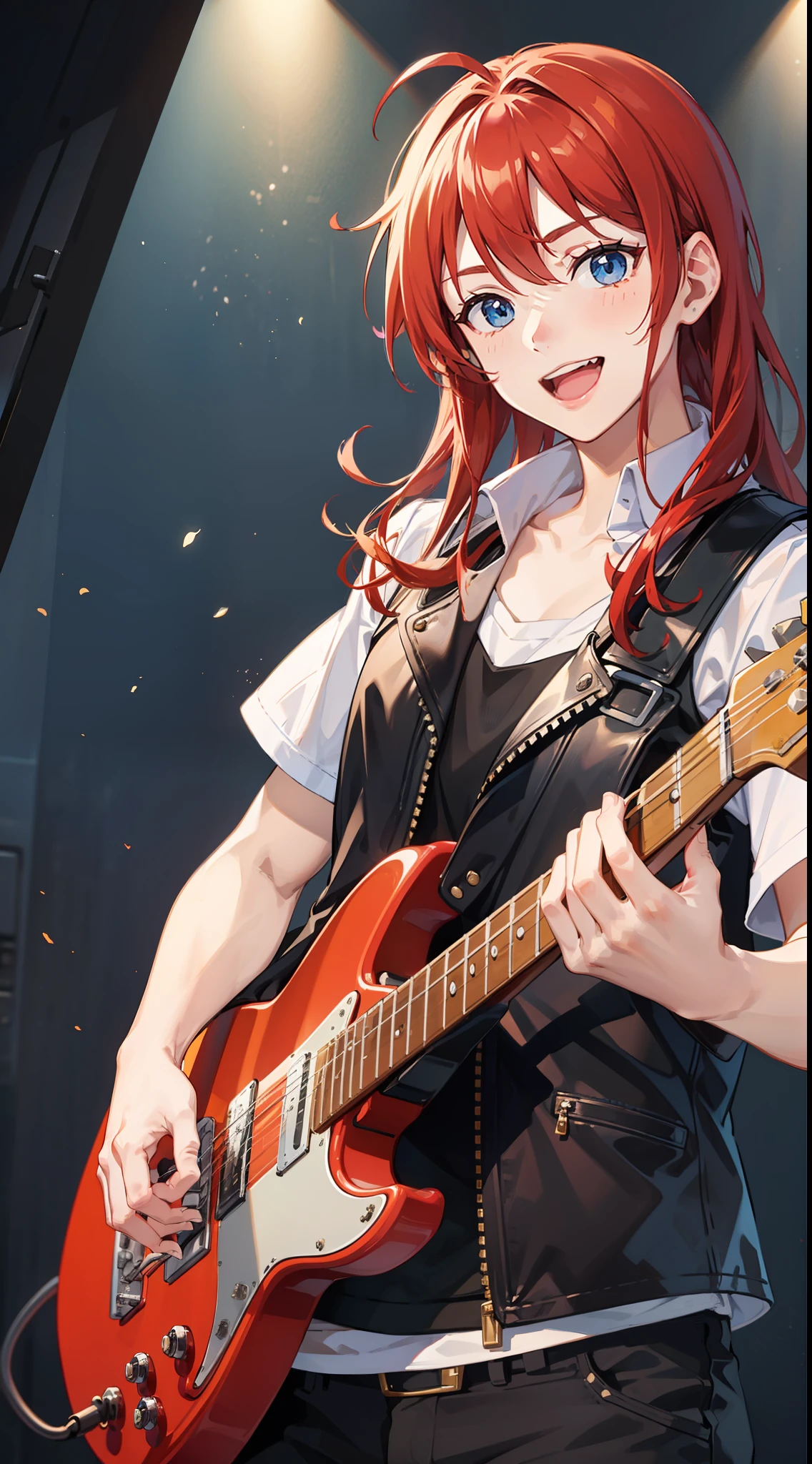 Young guy, Long red hair, blue eyes, red sleeveless leather vest, electric guitar, Cheerful smile, open mouth, Masterpiece, high qulity