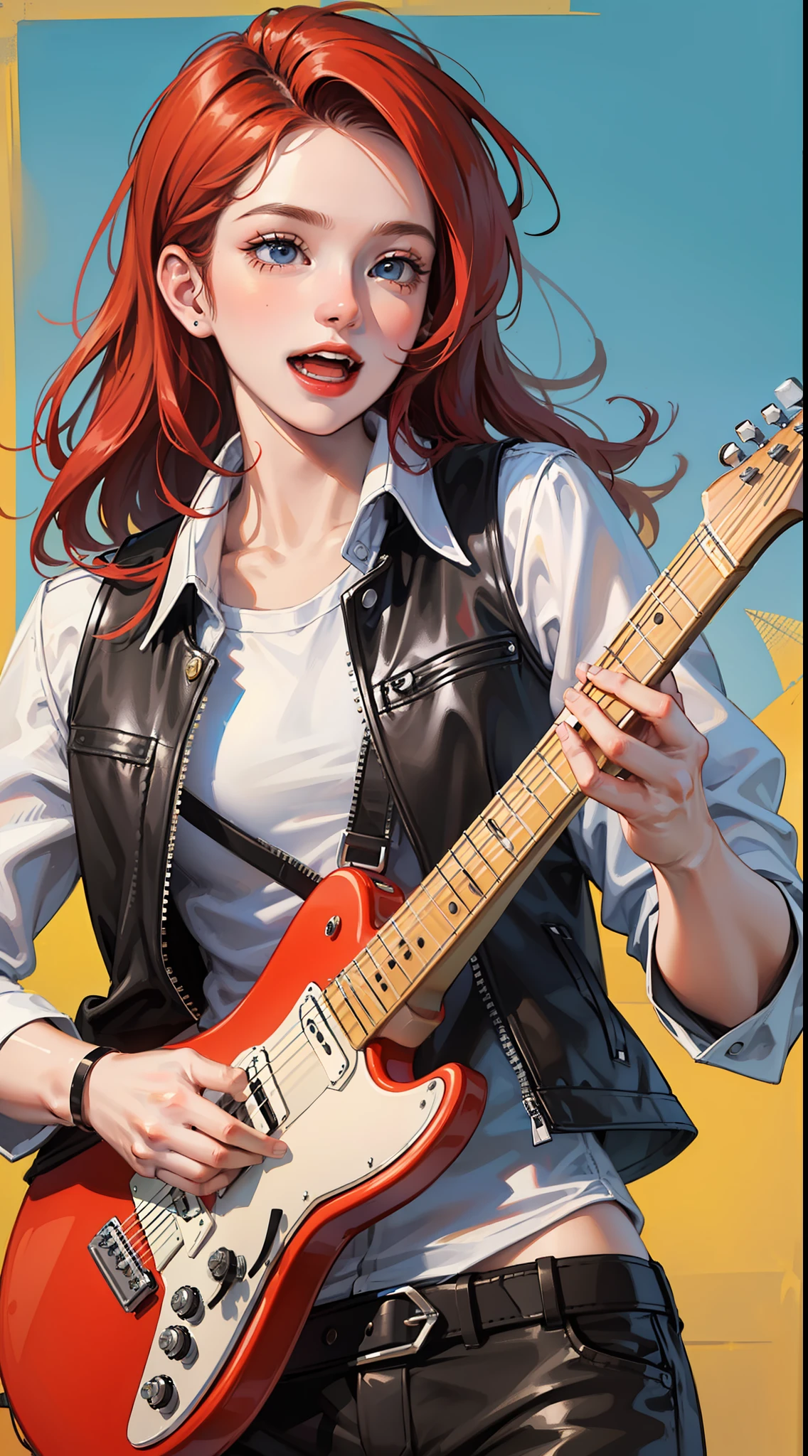 Young guy, Long red hair, blue eyes, red sleeveless leather vest, electric guitar, Cheerful smile, open mouth, Masterpiece, high qulity