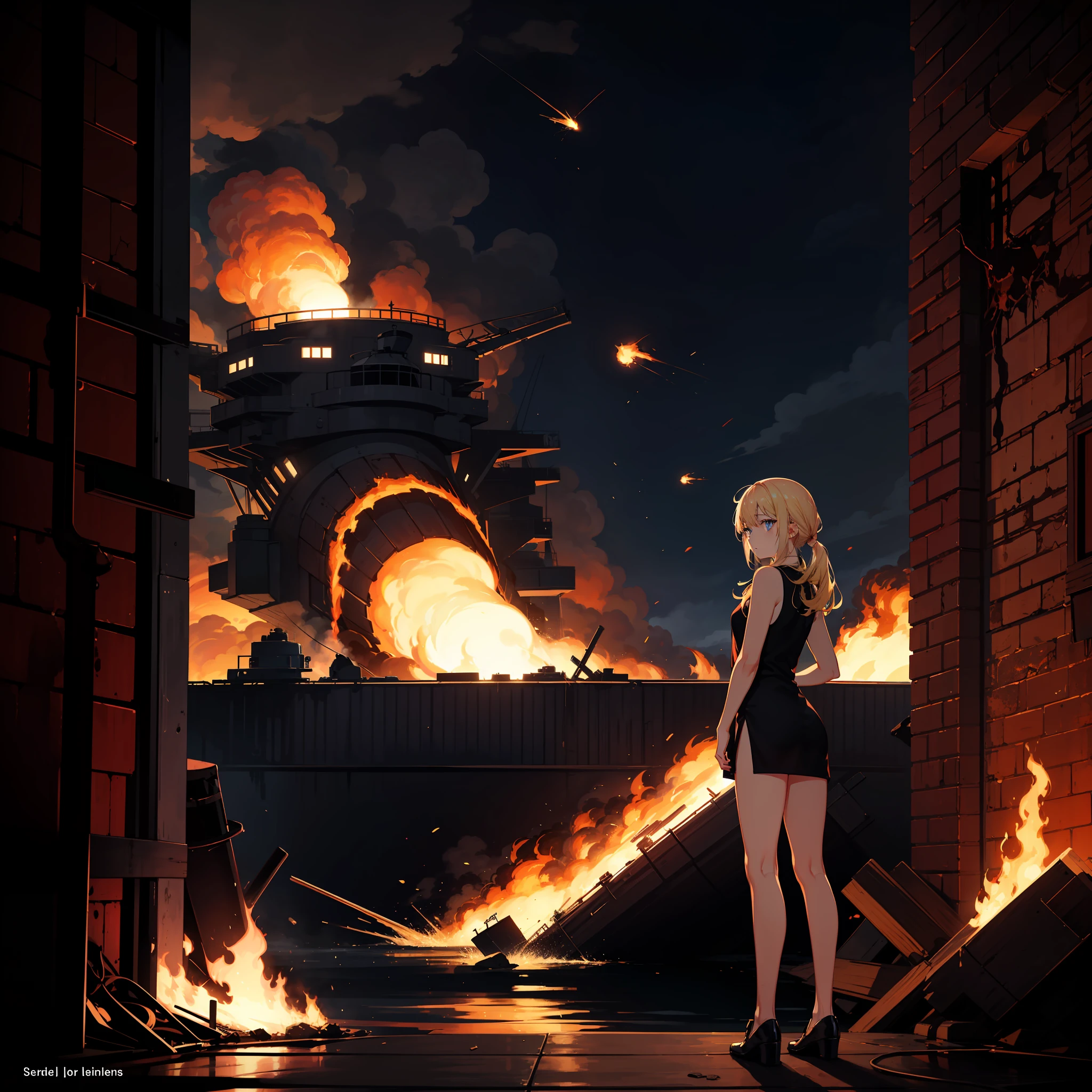 巨作, Top image quality, A high resolution, Beautiful blonde girl、女の子1人、Whole human body、Blue eyes、deadpan、Black Tank Top、Black spats、semi long hair、is standing、showing butt、Shot a bazooka、by night、Naval port blown up in flames、Building in flames、Ship blasted into flames