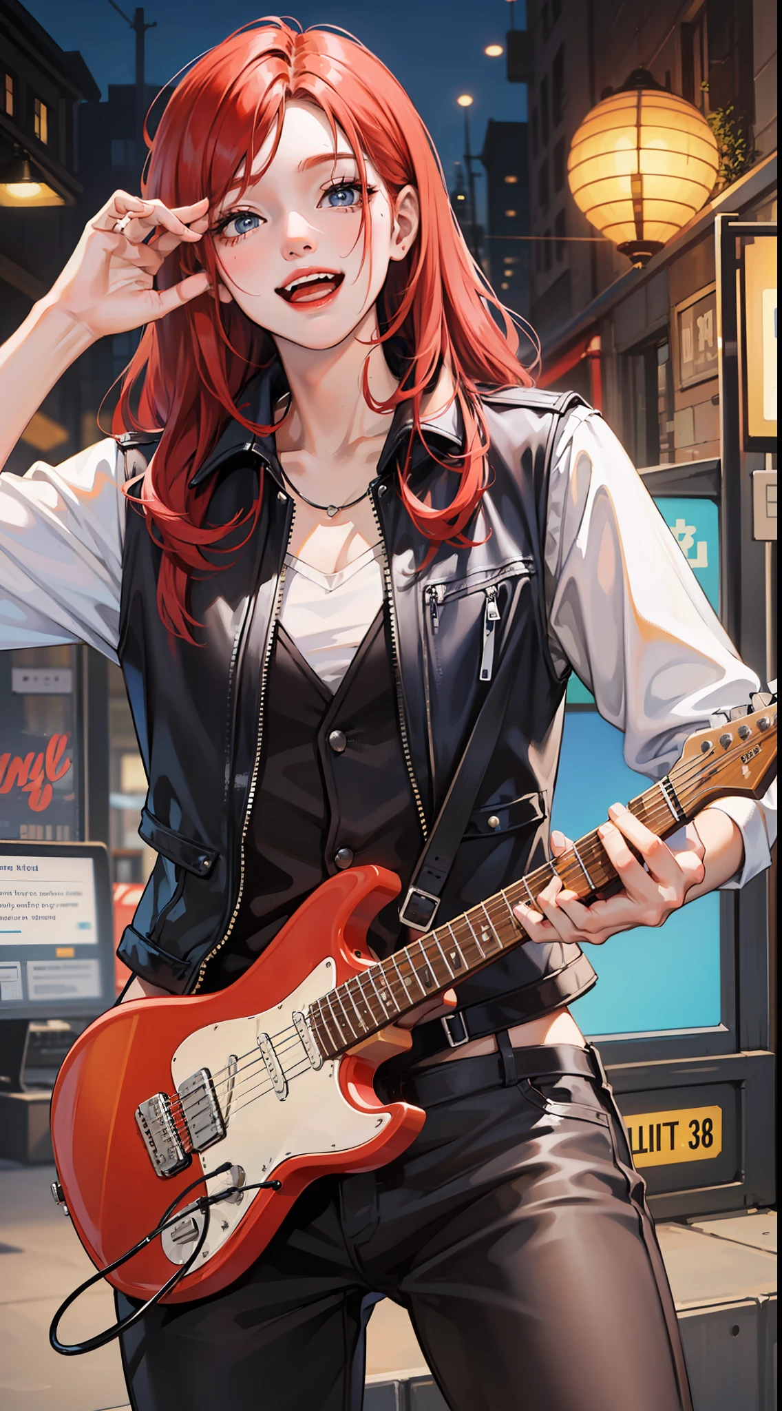 Young guy, Long red hair, blue eyes, red sleeveless leather vest, electric guitar, Cheerful smile, open mouth, Masterpiece, high qulity