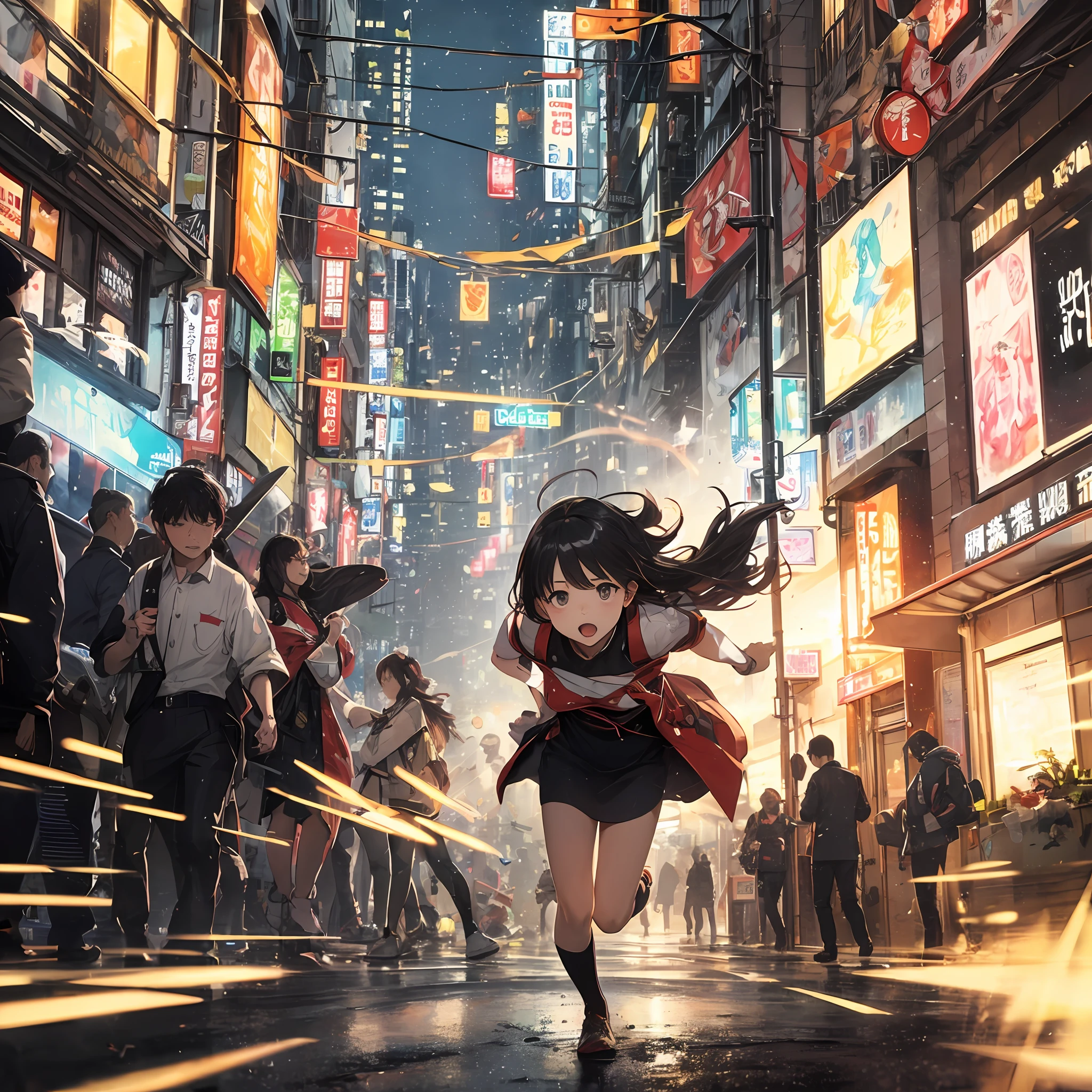 2D Illustration、extreme high definition、Correct drawing、pastel drawing、Watercolor wind、A scene like a movie、Dramatic lighting、(Cute Girl One.2)、Cymbal hair、Feminine costume、Running around the city、Multi-tenant building、Bustling street、signboard、City proclamation monitor showing disaster、rubbish、devastated、Sunnyday、miscellaneous、street lamps、traffic light、Ming extinguished、Flowing lights、Akira、Crowds、(Motion Effect:1.3)、(Motion Blur:1.3)、(Bokeh:1.6)、