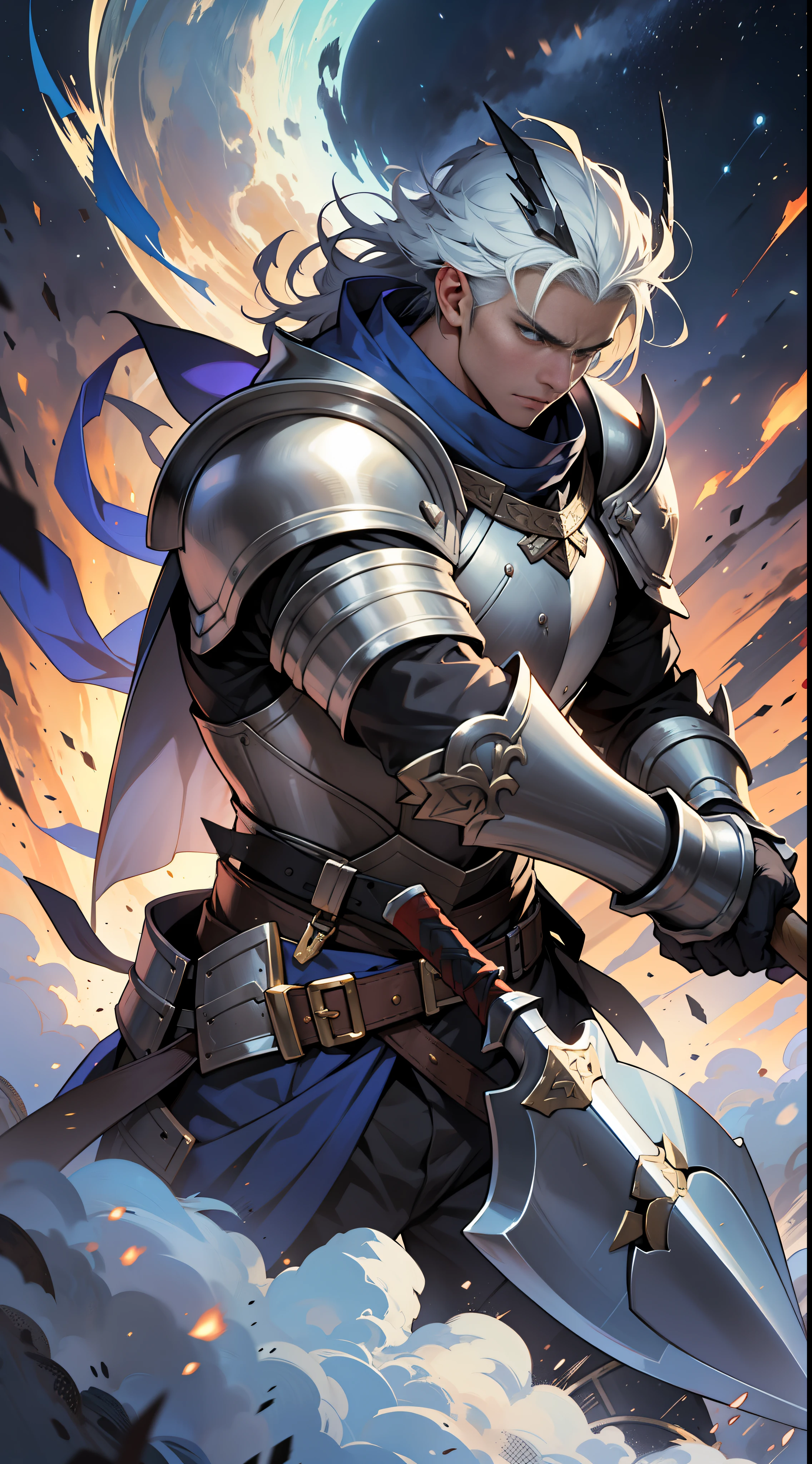 A handsome man in armor catches a massive battle axe, while another man in heavy armor wields a gigantic shield, with a fierce collision between the two, ,in the style of the stars art group xing xing, 32k, best quality, masterpiece, super detail, high details