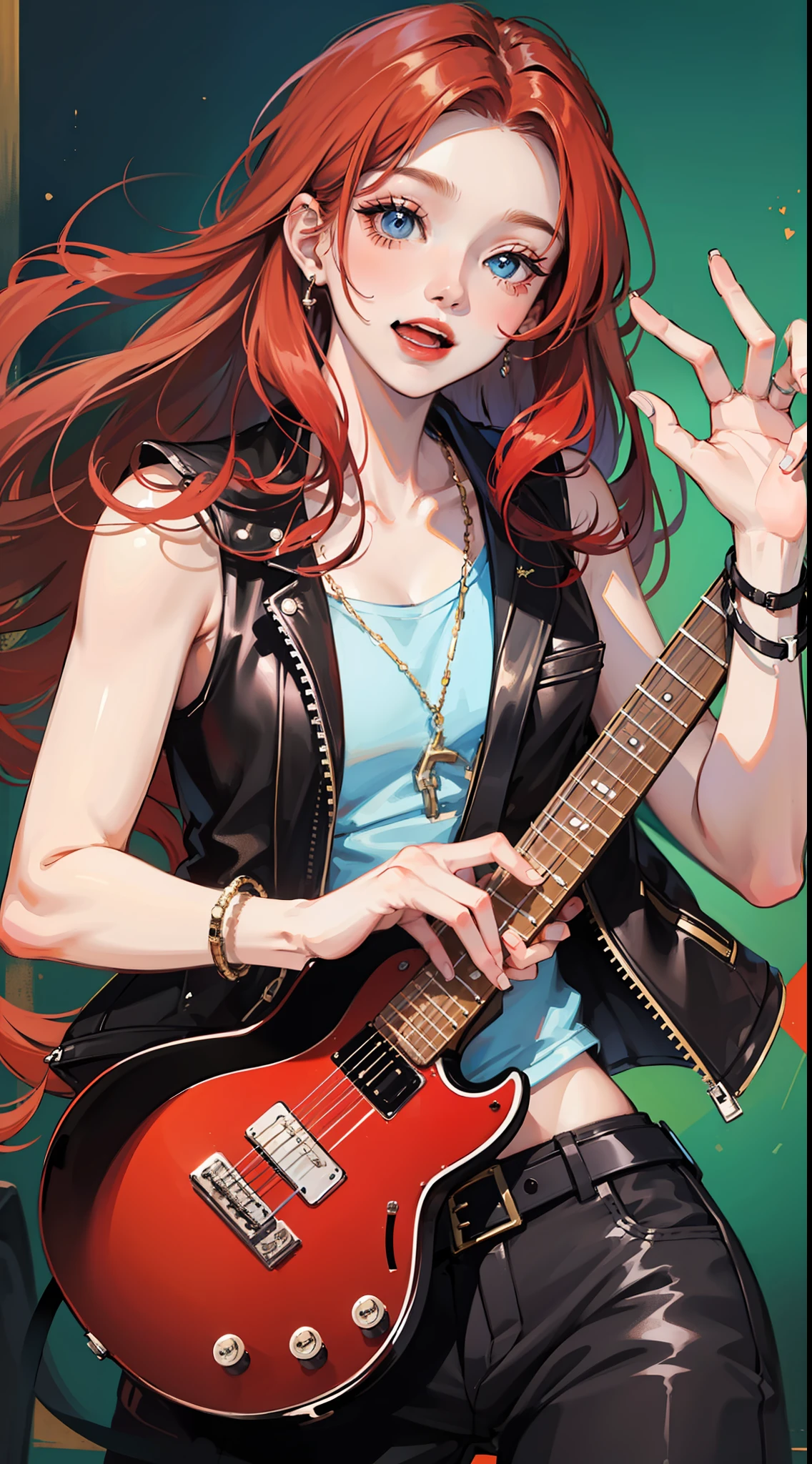 Young guy, Long red hair, blue eyes, red sleeveless leather vest, electric guitar, Cheerful smile, open mouth, Masterpiece, high qulity