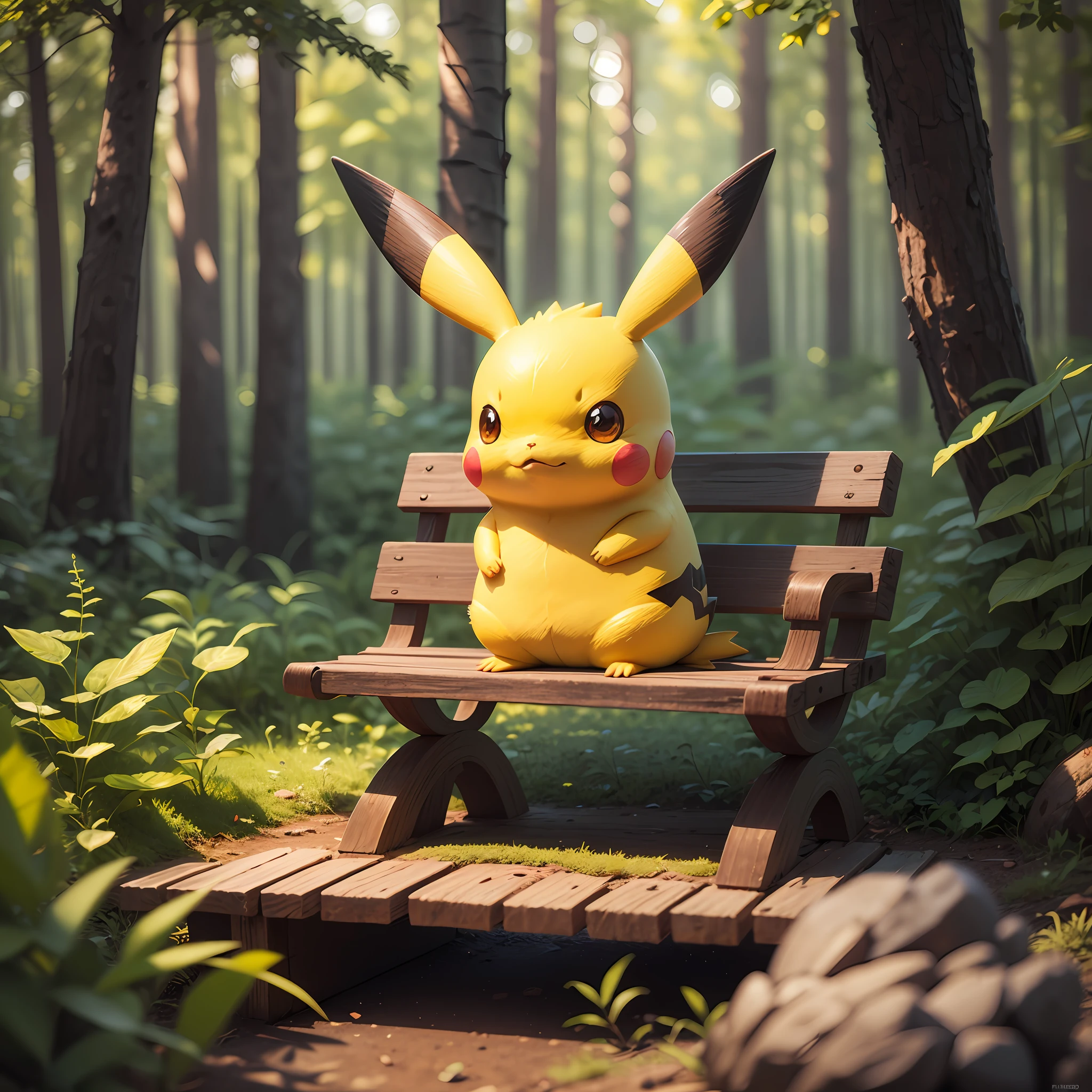 there is a small yellow pokemon figurine sitting on a wooden bench, pikachu in a forest, a pikachu in a forest, adorable digital painting, cute 3 d render, cute detailed digital art, illustration pokemon, hyper realistic detailed render, hyper realistic 3 d render, real life pikachu, pokemon in the wild, hyper real render, pikachu, mika pikazo --auto