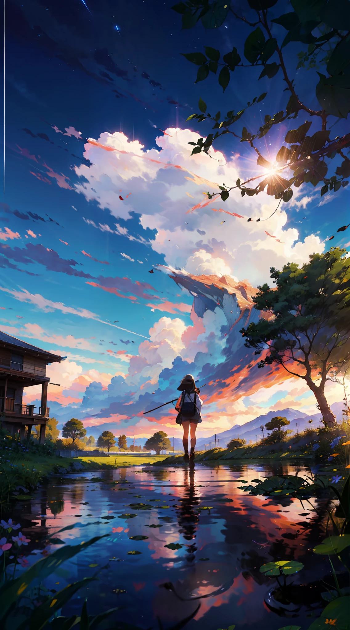 Summer, White Clouds, Runway: 1.2, Tree, Shooting Star, Small Waterhole, Reflection, Shady, Sunlight, Wide Angle, Best Quality, 8K, Perspective, Depth of Field, High Resolution, Fine Detail, Ultra Detail, Sharp Focus