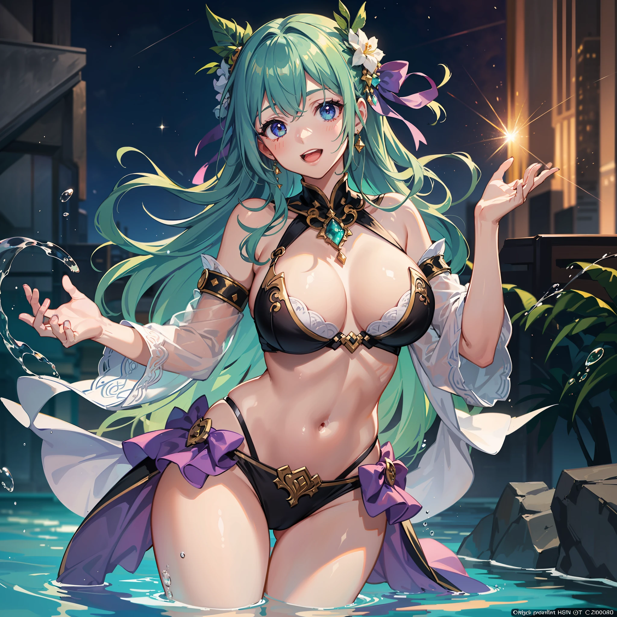 (from below:1),
(The girl in a hanten loincloth attire), JoJo pose,
brightest smile, big laugh, happy, fun, soft lighting,
(The hanten-clad girl playing in the night pool shines at the illuminated poolside. Her figure is enveloped in vibrant light, radiating brilliance as she gracefully dances through the water with ease:1),
(rainbow glows ultra-detailed deep emeraldgreen purple eyes:1.1), (gradient eyes:1), (finely detailed beautiful eyes:1), (symmetrical eyes:1), (big highlight on eyes:1.2),
(Placing neon-colored lights around the pool area and underwater creates a mesmerizing and otherworldly glow),
(Projecting rainbow-colored lights onto the poolside or water surface creates a vibrant and colorful light display),
(Meteor shower, Ethereal haze, Rainbow glimmer, Dancing light beams, Floating glow),
(masterpiece:1.3), (illustration:1.1), (best quality:1.1), (best aethetic:1), (beautiful art:1.2), (ultra-detailed:1.2), (8k), (HDR), (sharp focus), (intricate),LowRA