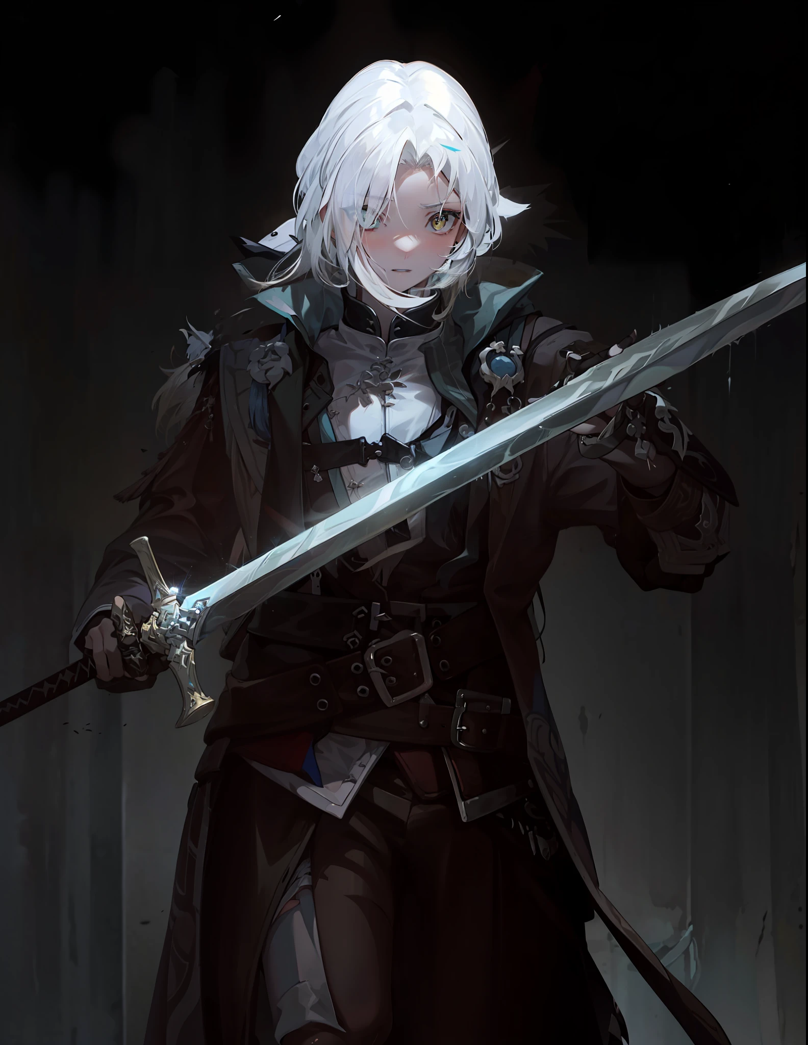 menino, pele morena, holding a sword with both hands, orelhas pontudas,4k, olhos amarelos, Armadura preta,pelo de animal negro nos ombros