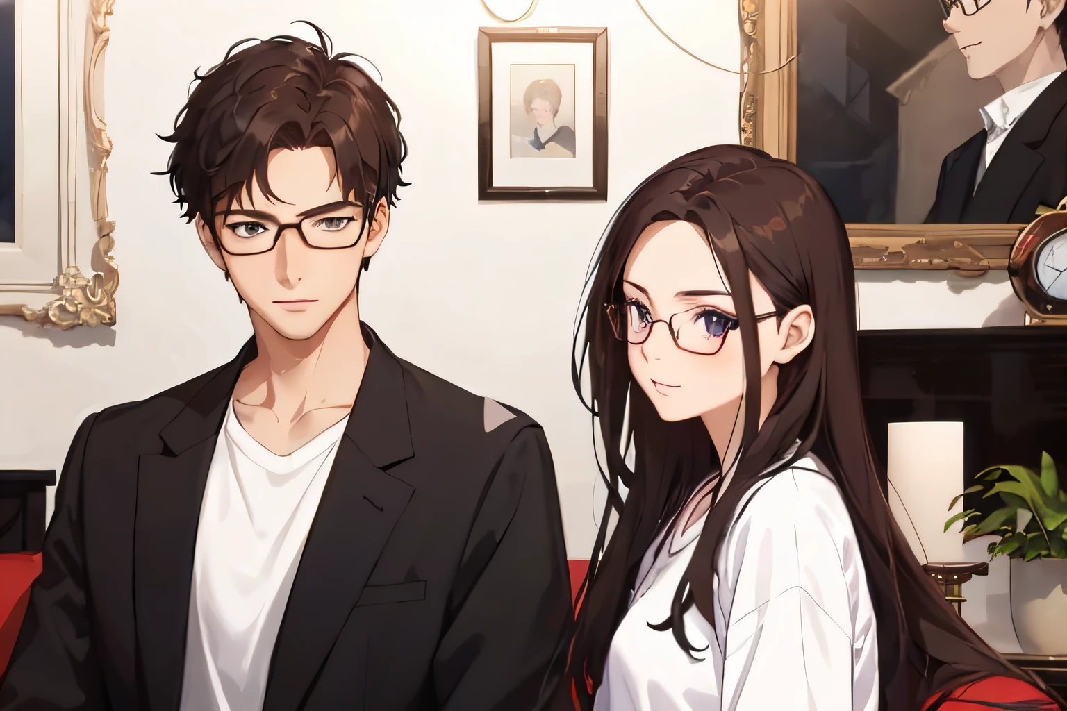 anime image of a man and woman standing next to each other, visual novel cg, ; visual novel, With glasses, ben maier and sakimichan, visual novel, ( ( eye glass ) ), comic strip, wearing a suit and glasses, nerdy appearance, sakimichan and frank franzzeta, wavy long black hair and glasses --auto