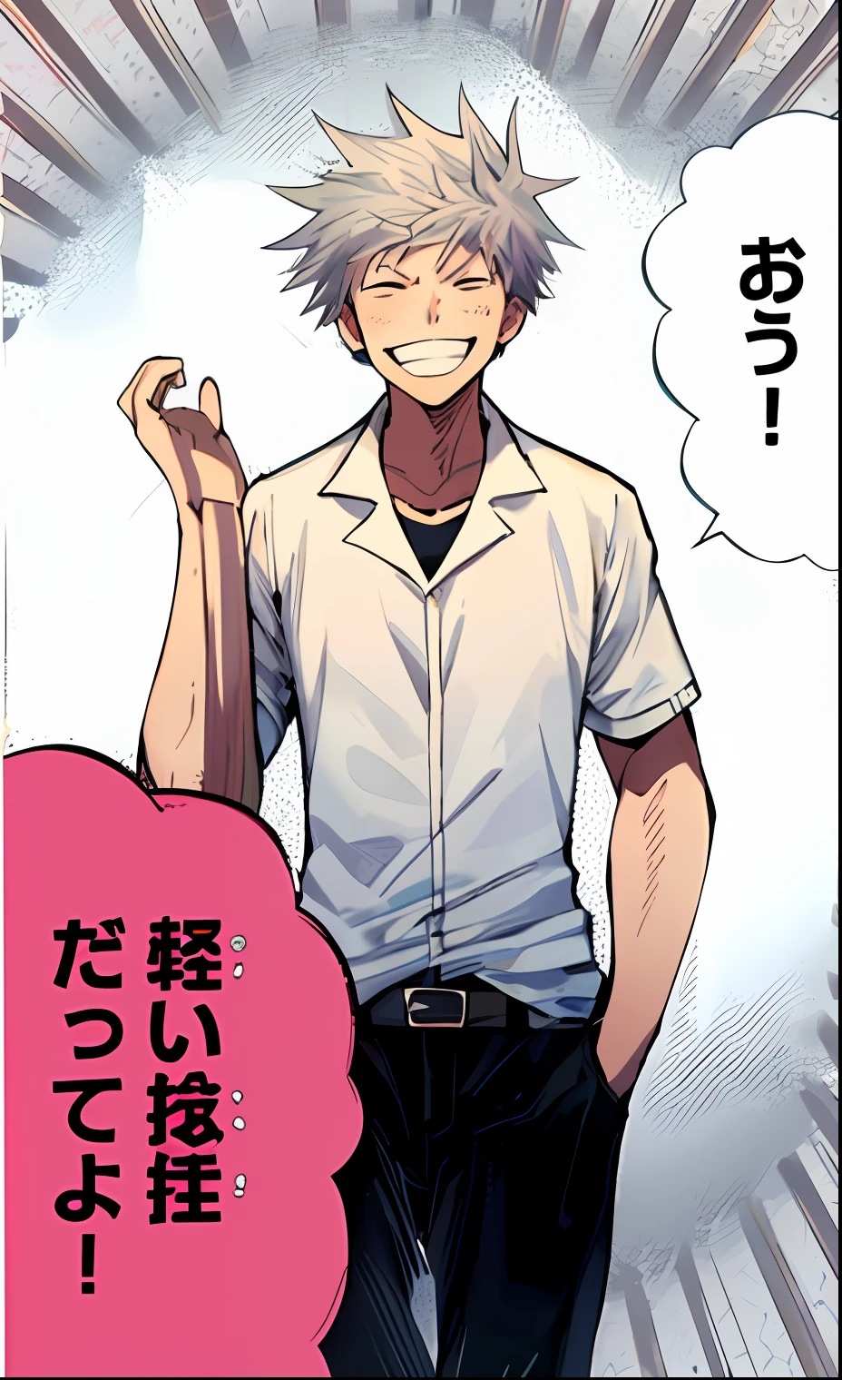 a anime of a man with a gray hair, chills, smile, closed eyes, teeth, bag, white shirt, shcool uniform, color manga, manga color, color manga, color manga panel, simple background, a white background