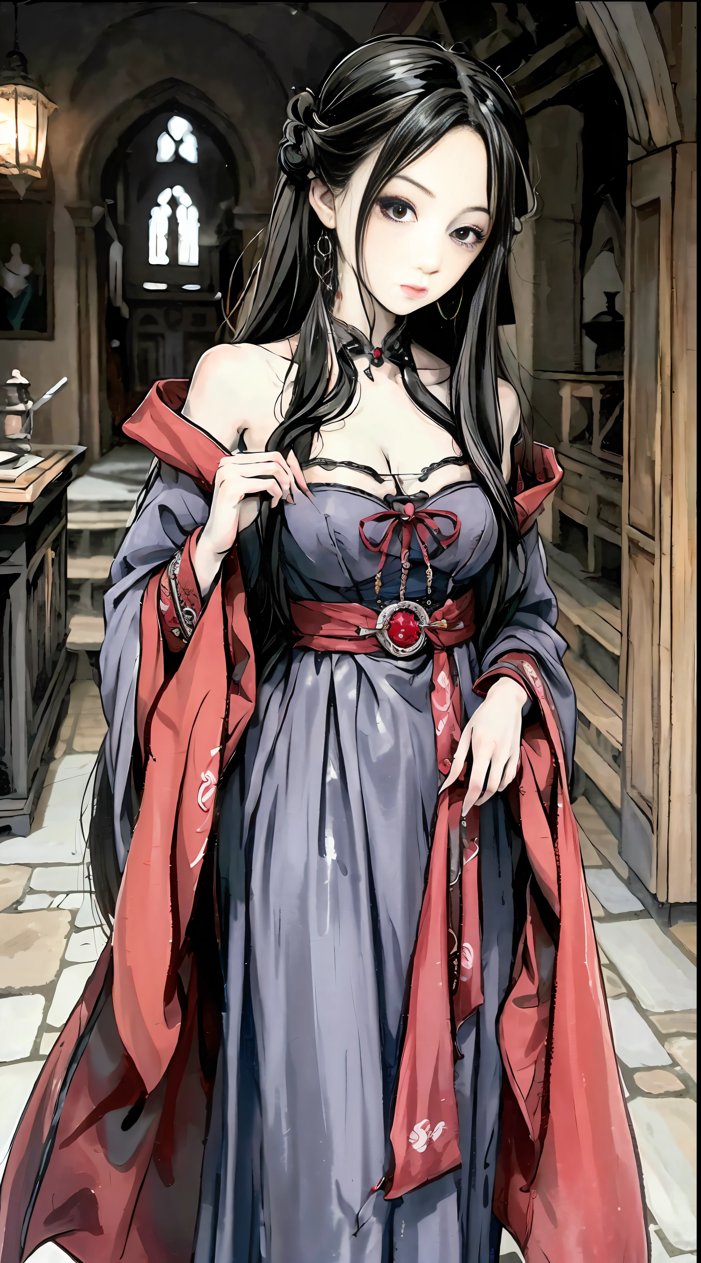 巨作、beste-Qualit、Official art、8k壁紙、very detailed illustration、scroll、ukiyoe painting、Sumi-e、One girl、Gray hair、long straight hair、Detailed eye、(Interior of the old castle 1.2)、dimly lit by、(Gorgeous Gothic Dress 1.2)、((Dracula Cosplay))、deadpan、Fair skin、(Clear 1.5)、Meek、odd eye