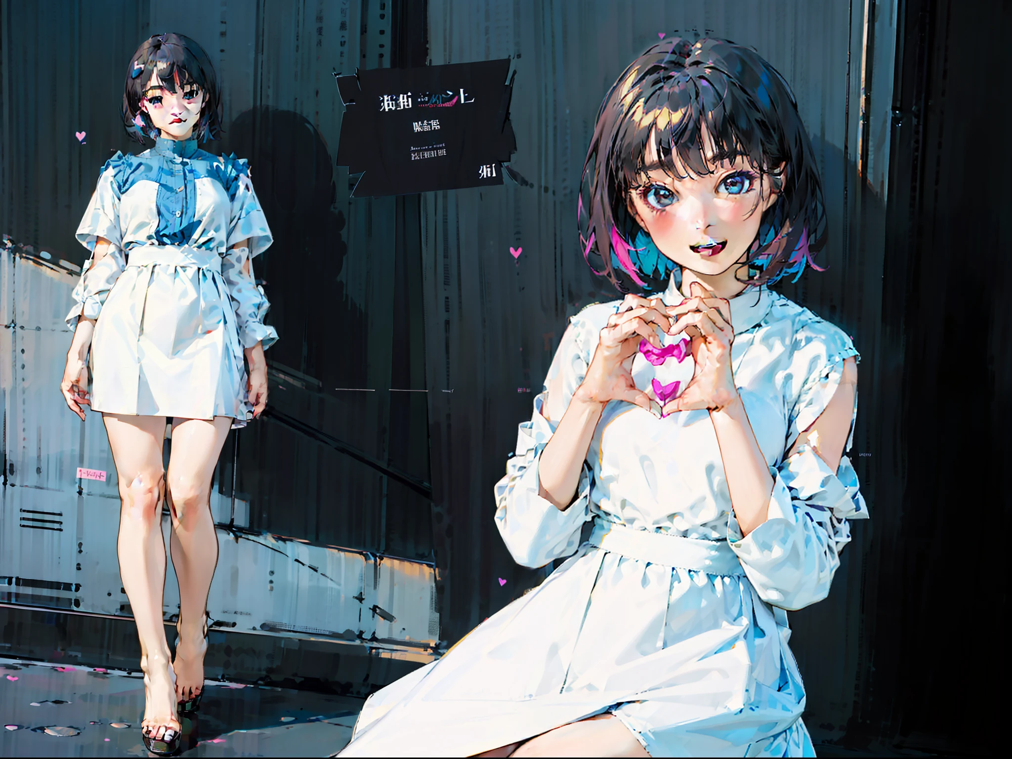 (巨作)、the detail、in 8K、((Full body photo from head to toe))、((Heart with both hands in front of the face))、Girl in tight white base dress、short dark hair、Colorful inner hair、Realistic and sharp details、portrait shooting、Super Intricate Details、Ultra-fine details、Stay outside、