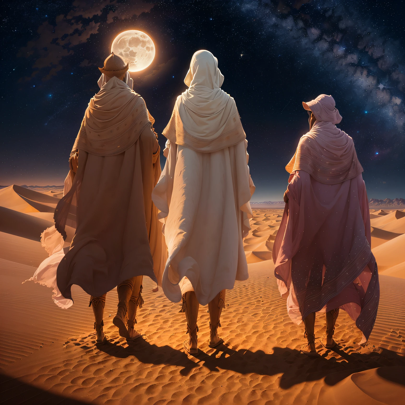 three men from biblical times, standing next to each other looking at the universe --auto